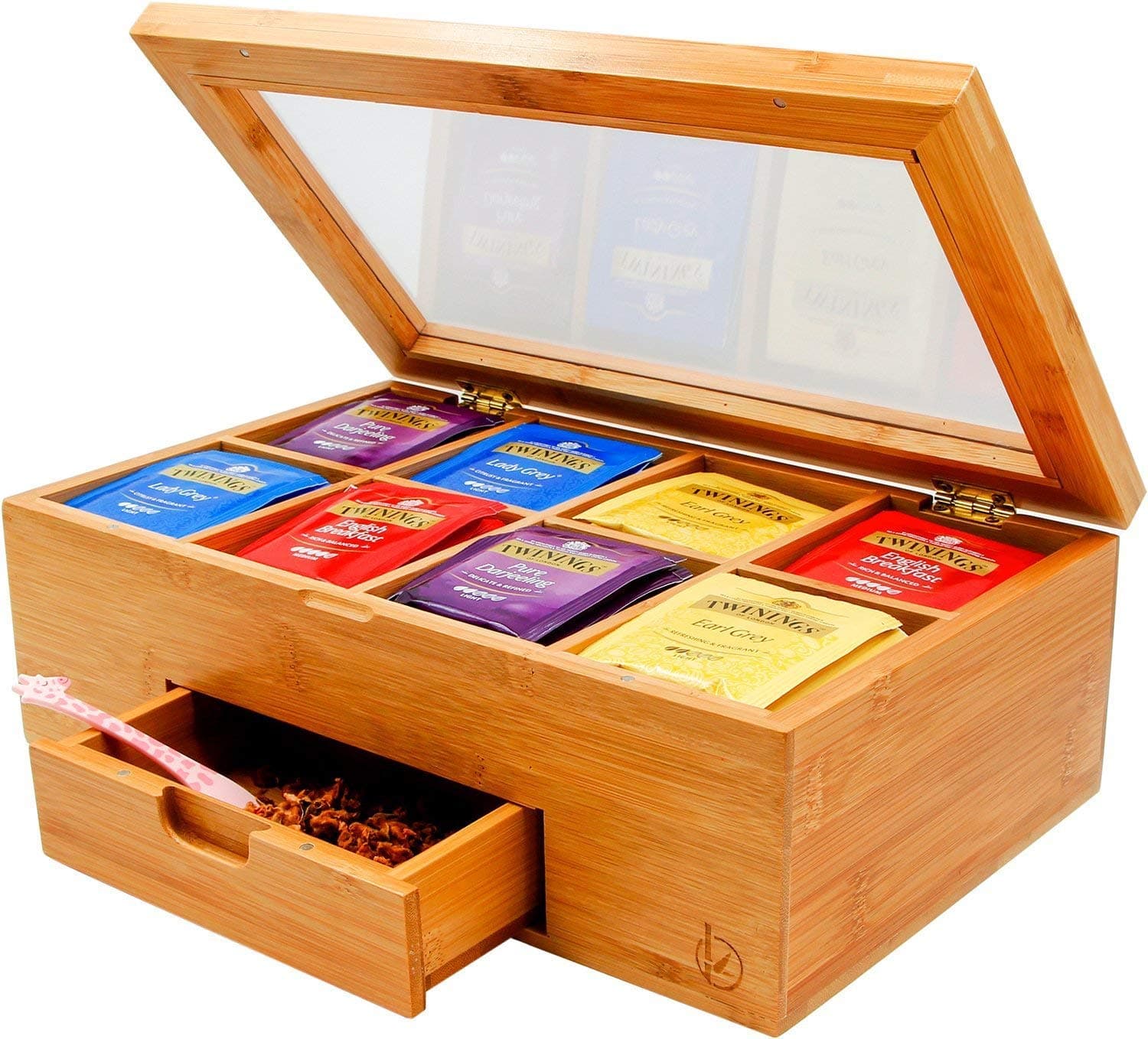 Bamboo Tea Box with Small Drawer, Taller Size Tea Bag Storage Organizer, Free Tea Squeezer Included