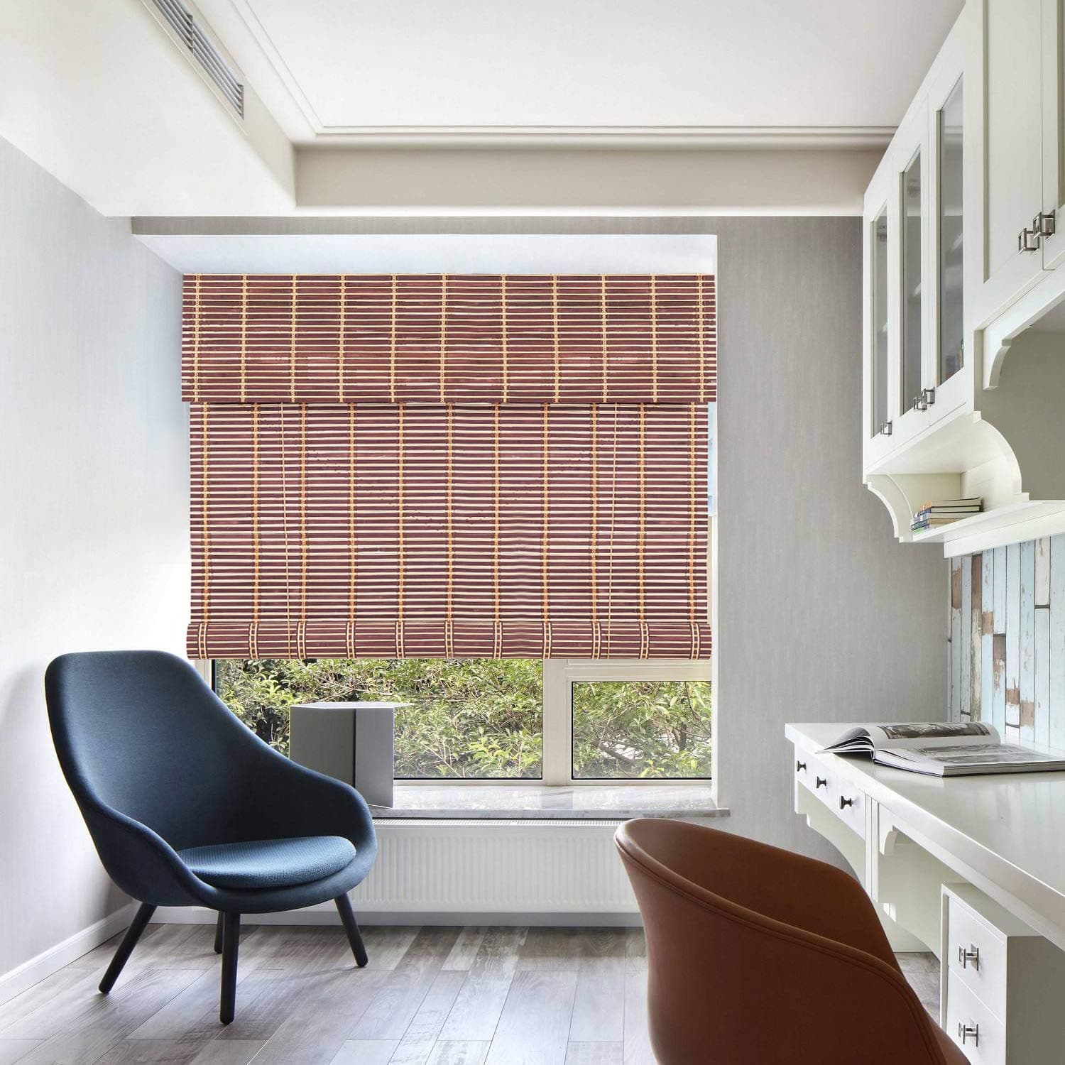 TJ Global Bamboo Roll Up Window Blind Sun Shade, Light Filtering Roller Shades with Valance (Dark Brown, 28" x 64")
