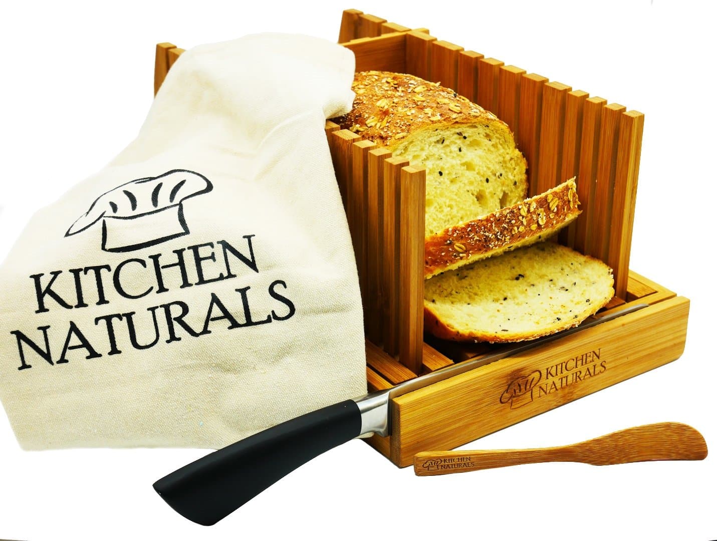 Kitchen Naturals Premium Bamboo Bread Slicer, With Different Slicing Sizes, Built In Knife Rest, Foldable Design With Storage Tote Bag And With FREE GIFTS