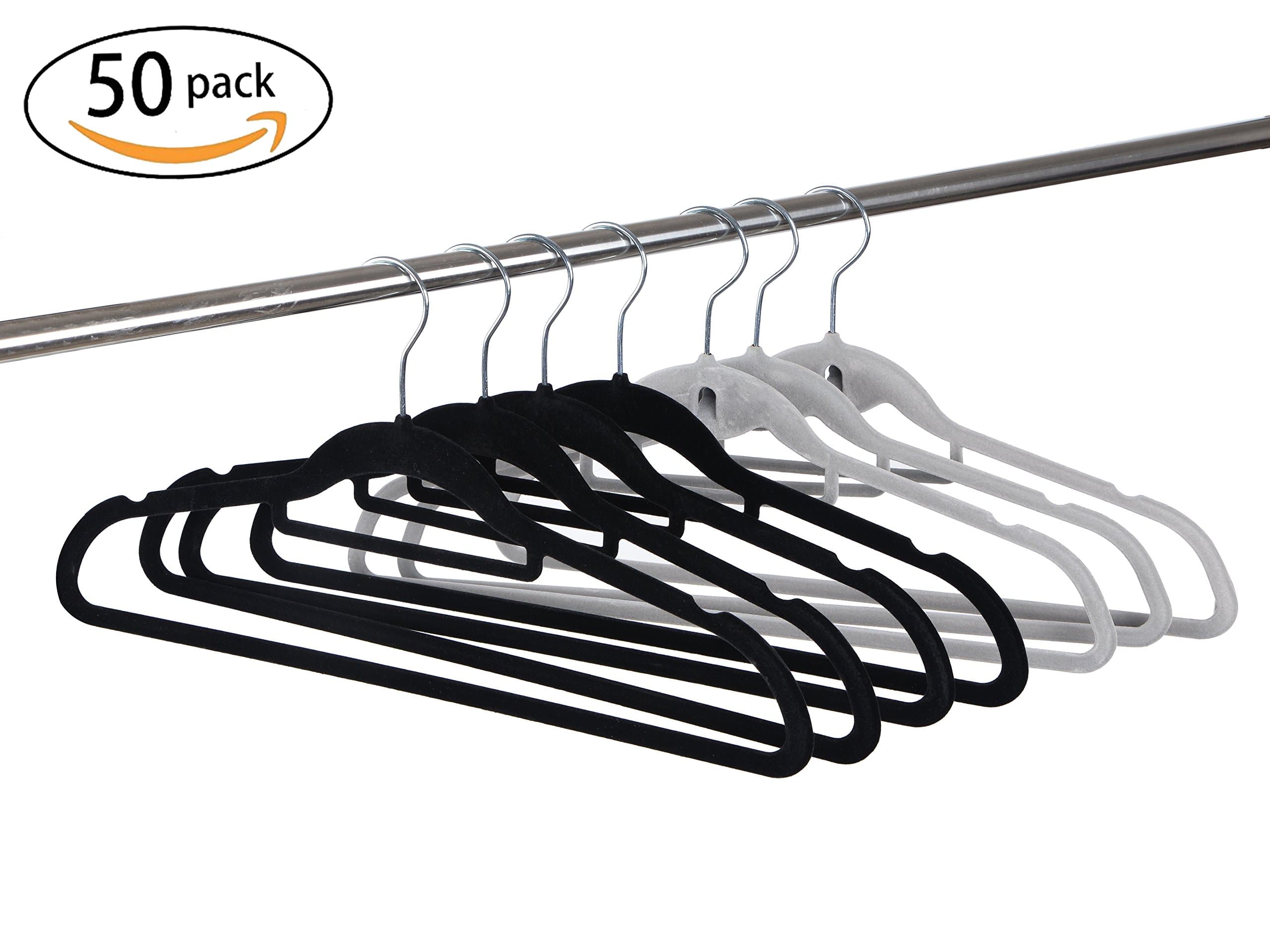 Premium Velvet Hangers 50 Pack Ultra thin Space Saving and Heavy Duty Non-Slip Clothes Hangers 360 Degree Rotatable Chrome Swivel Hook-Strong and Durable Flocked Suit Coat Hangers, Black(25) Grey (25)