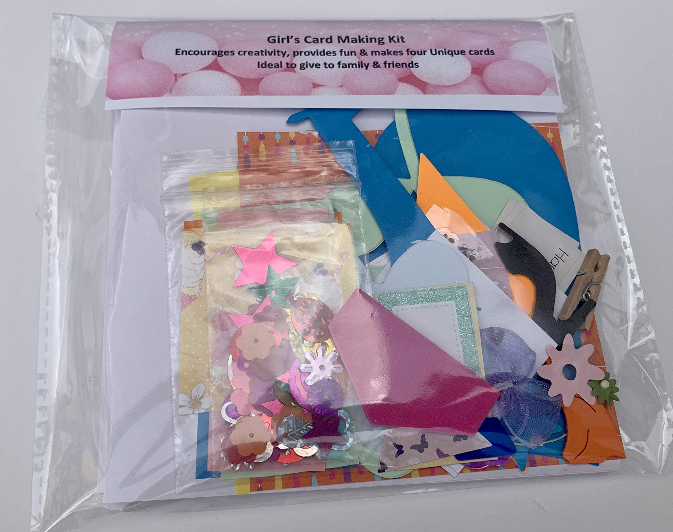 Girl's Card Making Kit - Includes 4 Cards and envelopes, Shapes, Coloured Papers, Embellishments and Much More