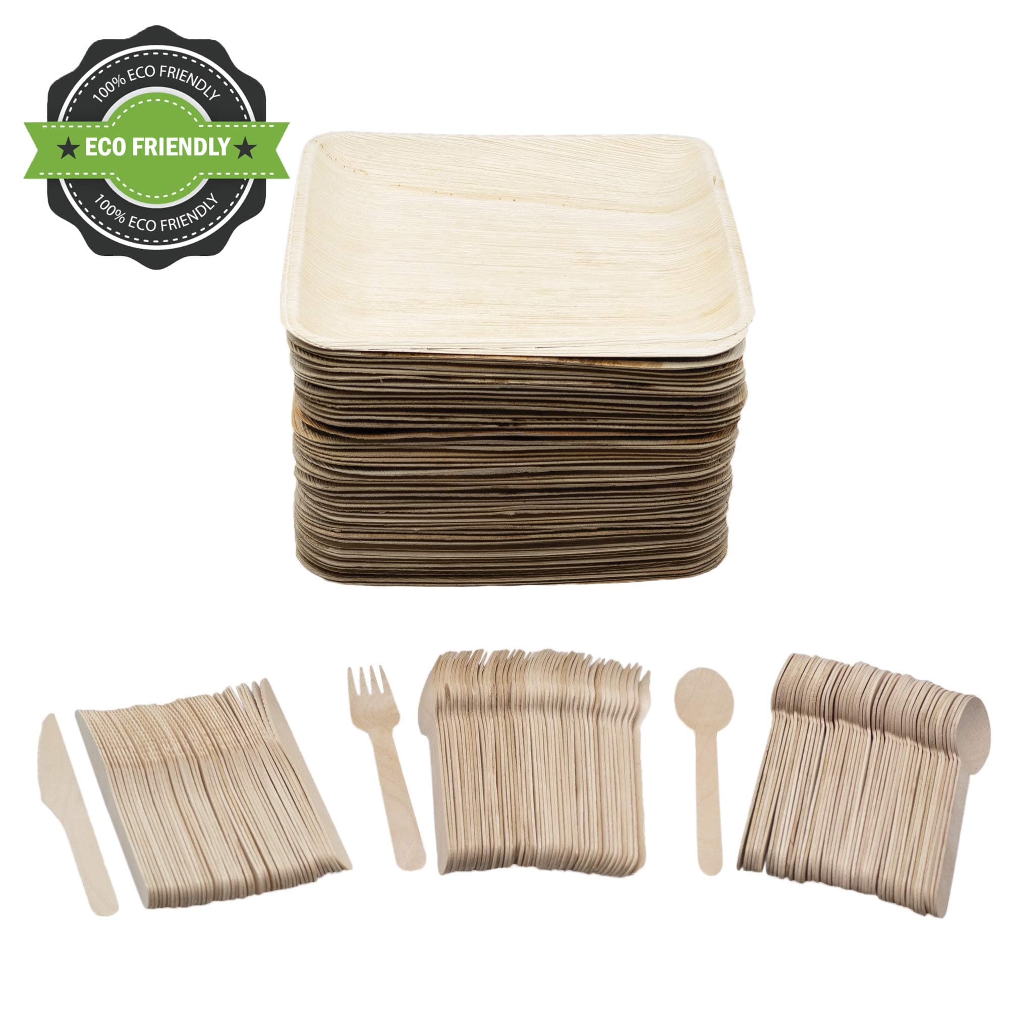 Party Pack of 200 Eco Friendly Dinnerware Set: 50 10" Biodegradable Square Palm Leaf Plates+ 50 Spoons+ 50 Forks+ 50 Knives. Disposable,Compostable,Recyclable,and Sustainable.Not Bamboo, Wood,or Paper