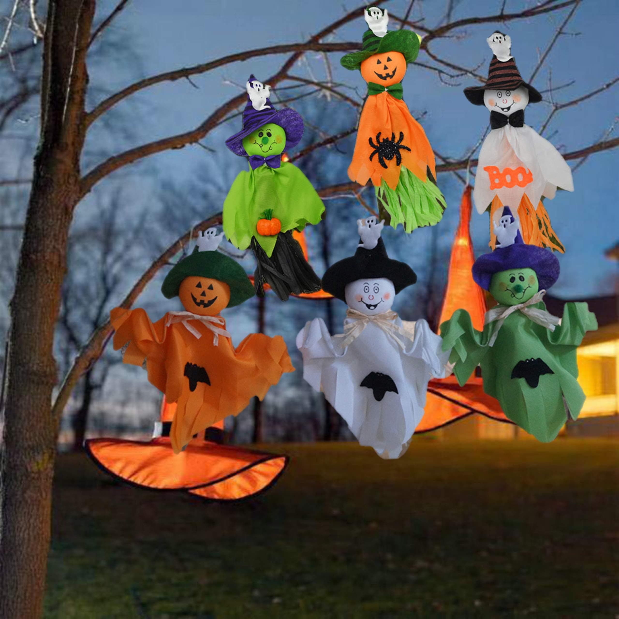 6 Pieces Halloween Decorations, Hanging Ghost Pumpkin Ghost Straw Windsock Pendant for Patio Lawn Garden Party Decor and Halloween Tree Decorations