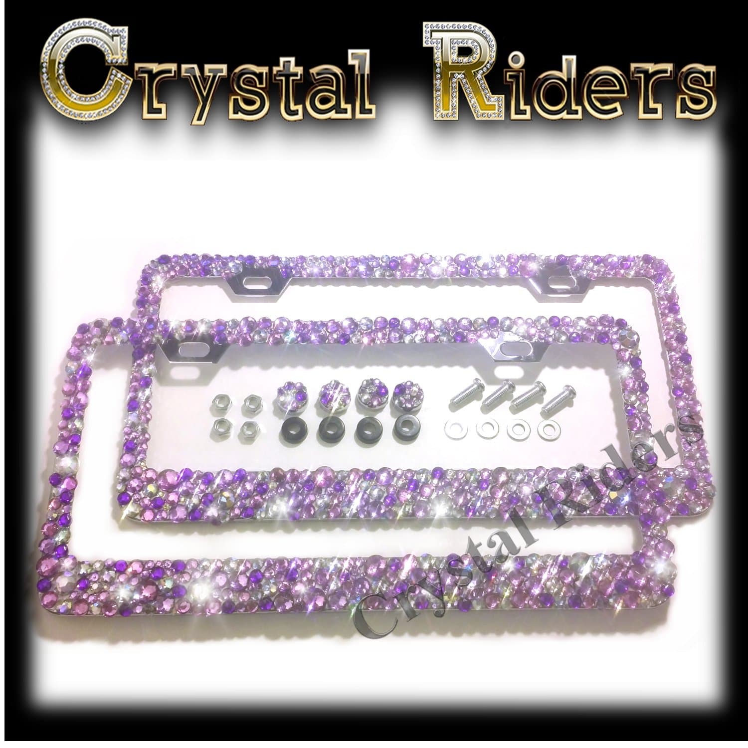 2 Bling License Plate Frames with PURPLE Small Crystal Mix Ab Iridescent 4 SCREW CAPS AND SCREWS MADE IN US Clear Metal Chrome Zink Alloy Holder Sparkly Sparkle Custom Hand Made Hand Crafted