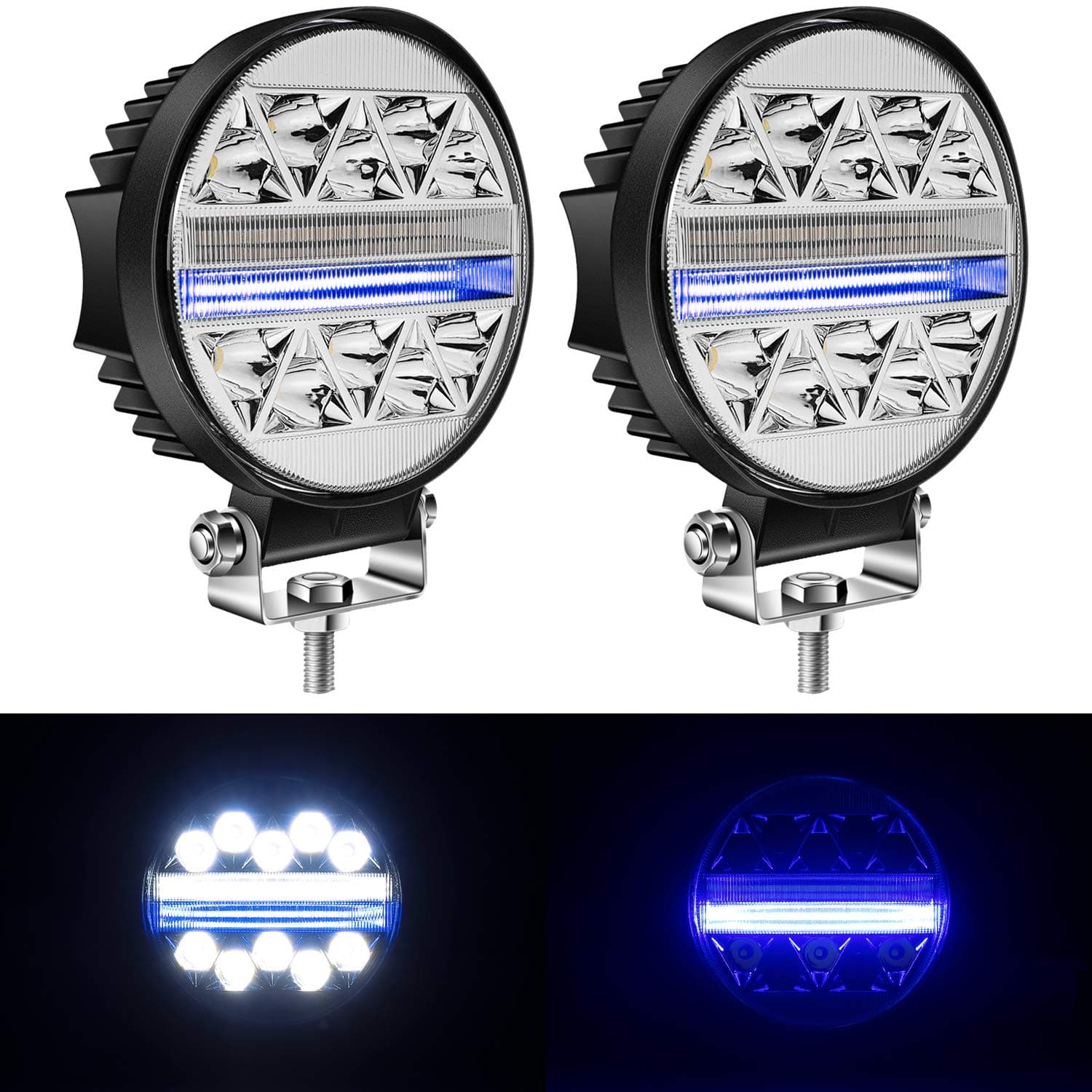 Yorkim 4.5" LED Pods, 2-Pack Off Road LED Light Bar Spot Flood Combo Round Blue I-Shape Work Light Fog Lights Driving Lights for Truck Jeep SUV ATV UTV Pickup with Flash Strobe Fucntion