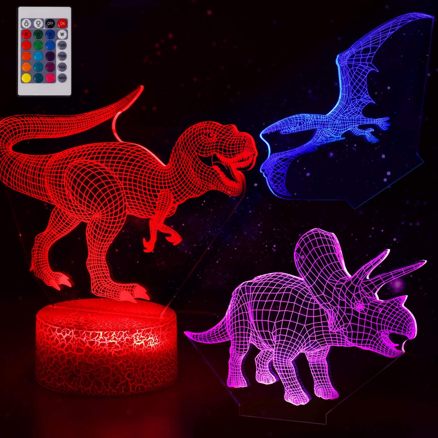 Tiscen 3D Illusion Night Light, LED Table Desk Lamps Dinosaur Nightlights, 7 Colors USB Charge Lighting Bedroom Home Decoration for Kids Christmas Halloween Gift Birthday Gift