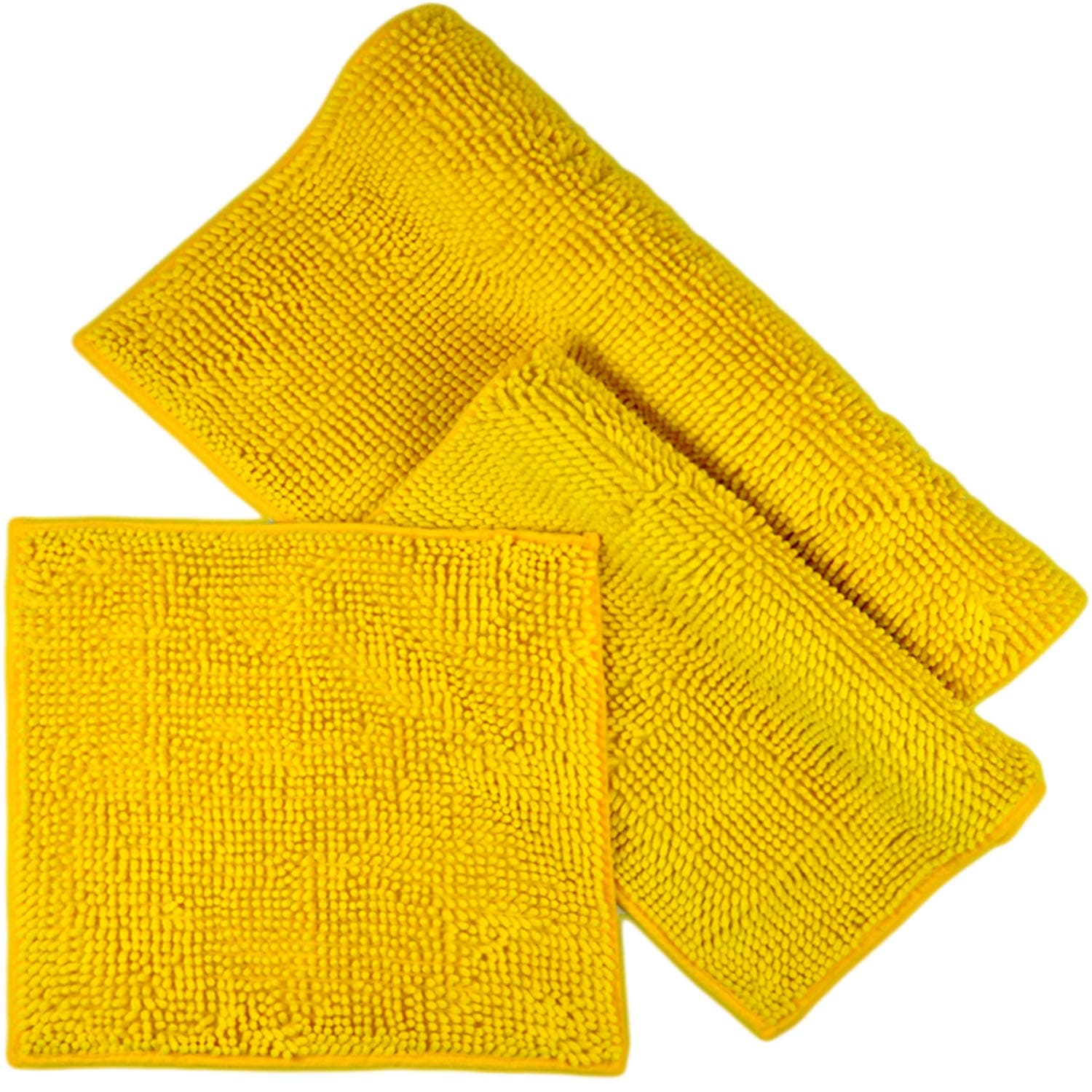 Designer Bath Mat Sets 3 Piece - Non-slip & Washable - Modern Shower Mat - Bath Mats - Durable Colour Retaining Soft Mat Sets - 45 x 45 cm + 50 x 80 cm + 70 x 120 cm - Yellow – WITHOUT WC CUT-OUT