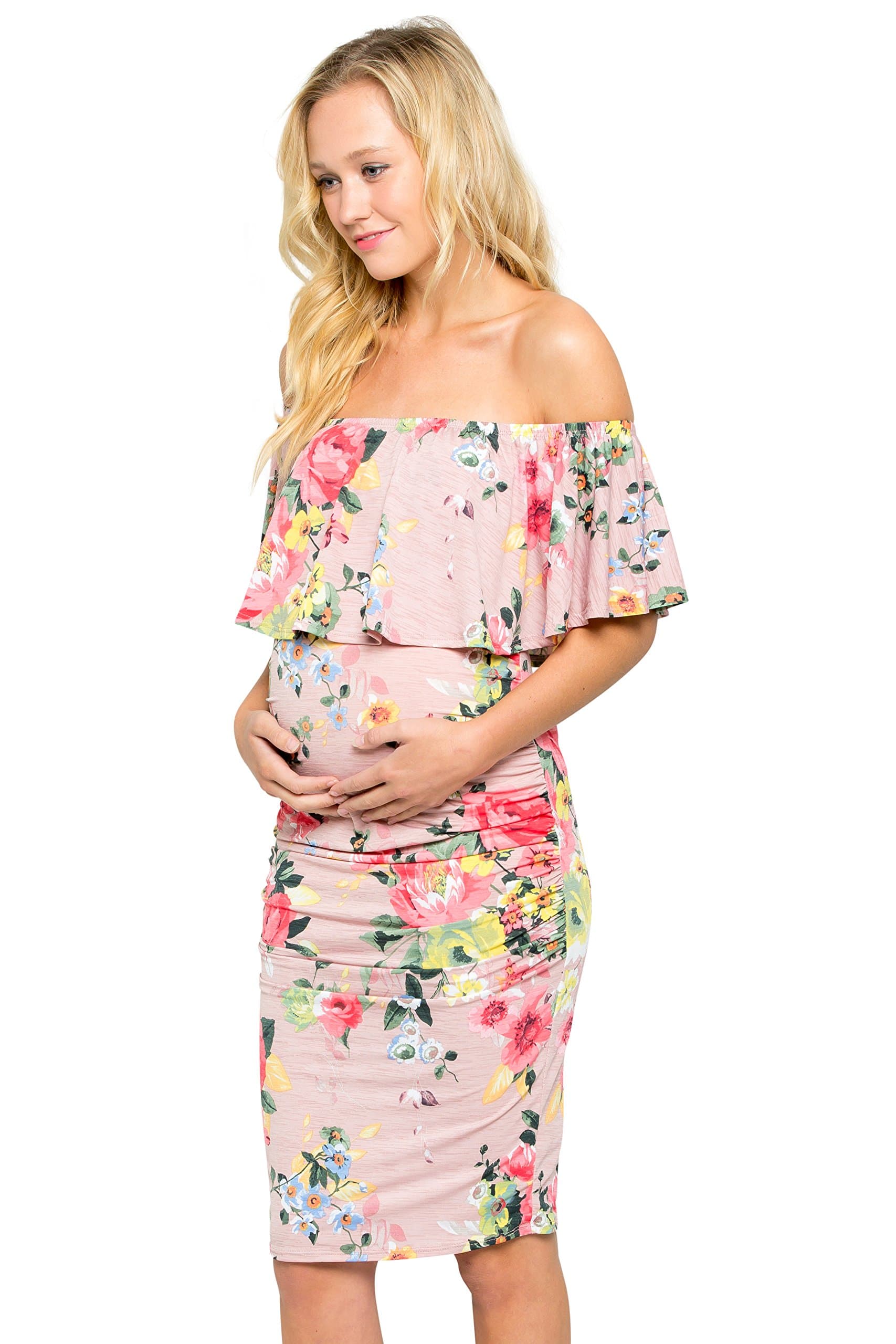 Women's Ruffle Off-Shoulder Maternity Dress W/Side Sharing(Made in USA)
