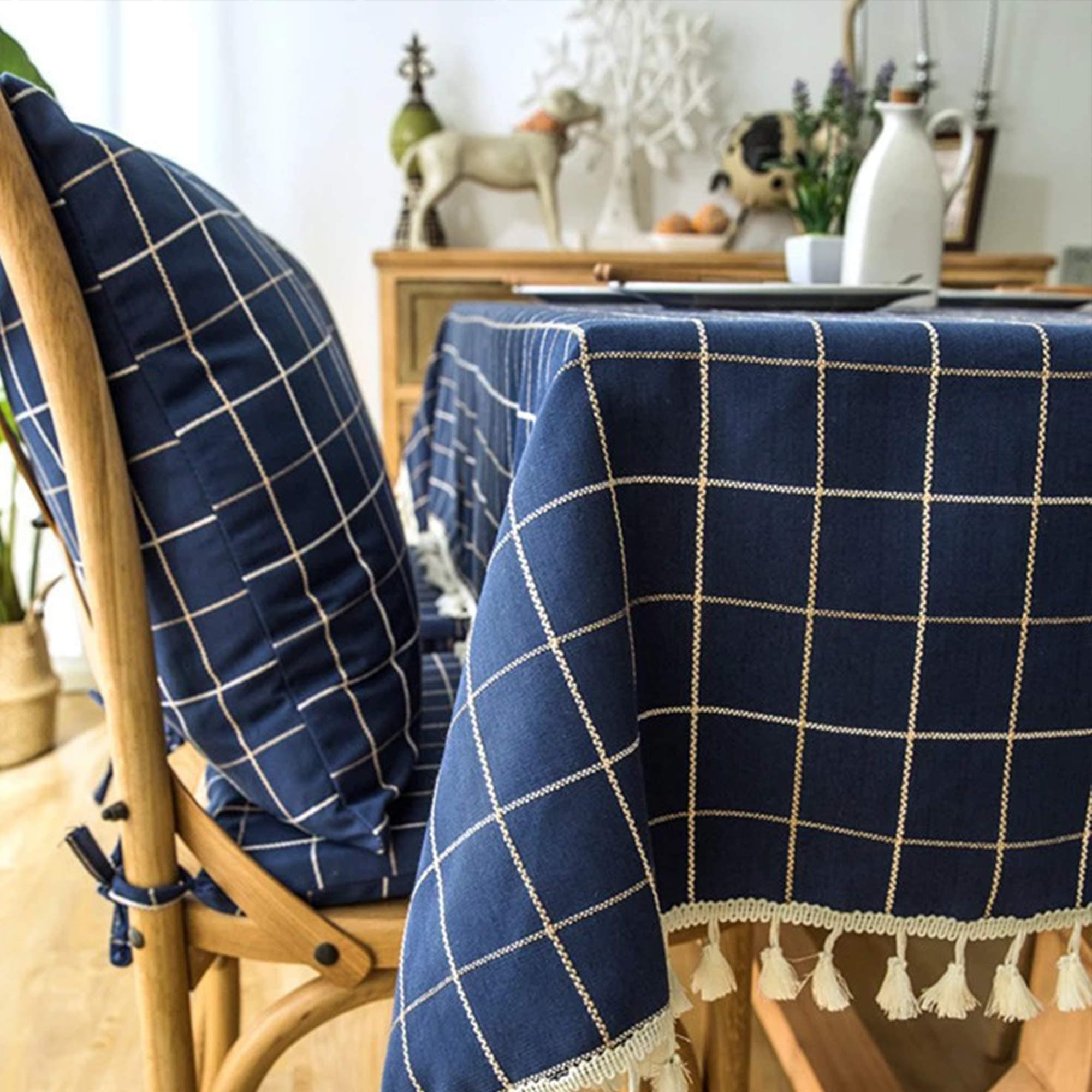 Ao Lei Square Tassel Tablecloth,Thick Cotton Blend Dust-Proof Fabric,Stripes Embroidery Design, Decoration for Kitchen Dinning Tabletop and Party Picnic Patio Indoor Outdoor(55 x 55 Inch,Blue)