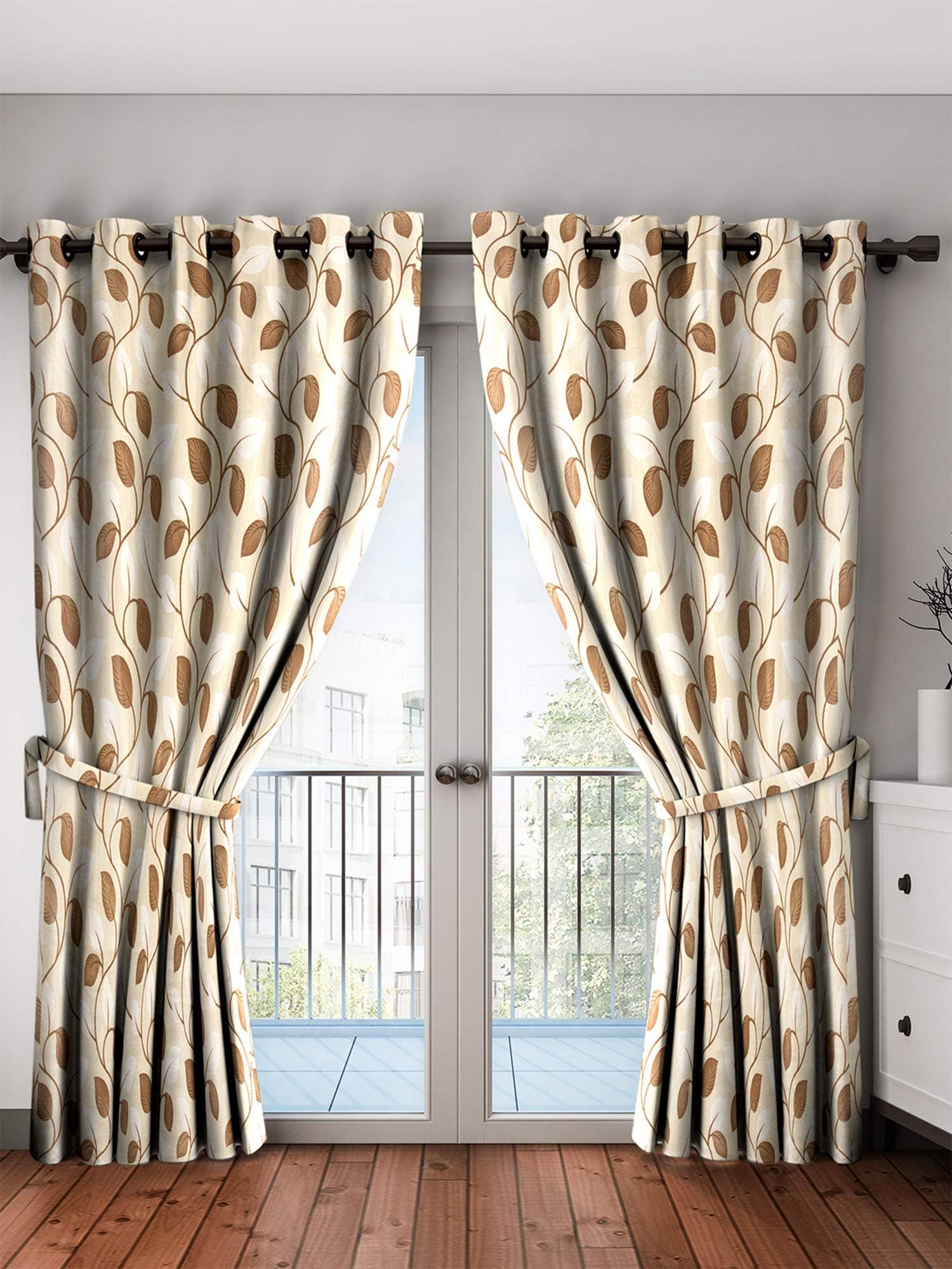 Home Spark Leaf 2 Pieces Polyester Brown Door Curtains - 7 feet