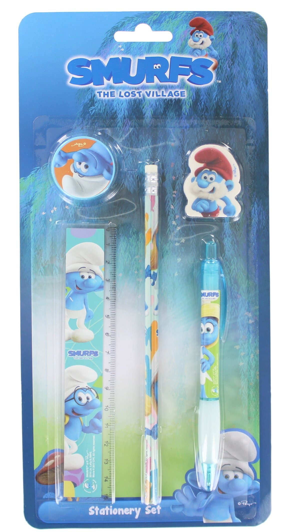 Smurfs 5 Piece School Stationary Set with Pen, Pencil, Ruler, Sharpener & Rubber