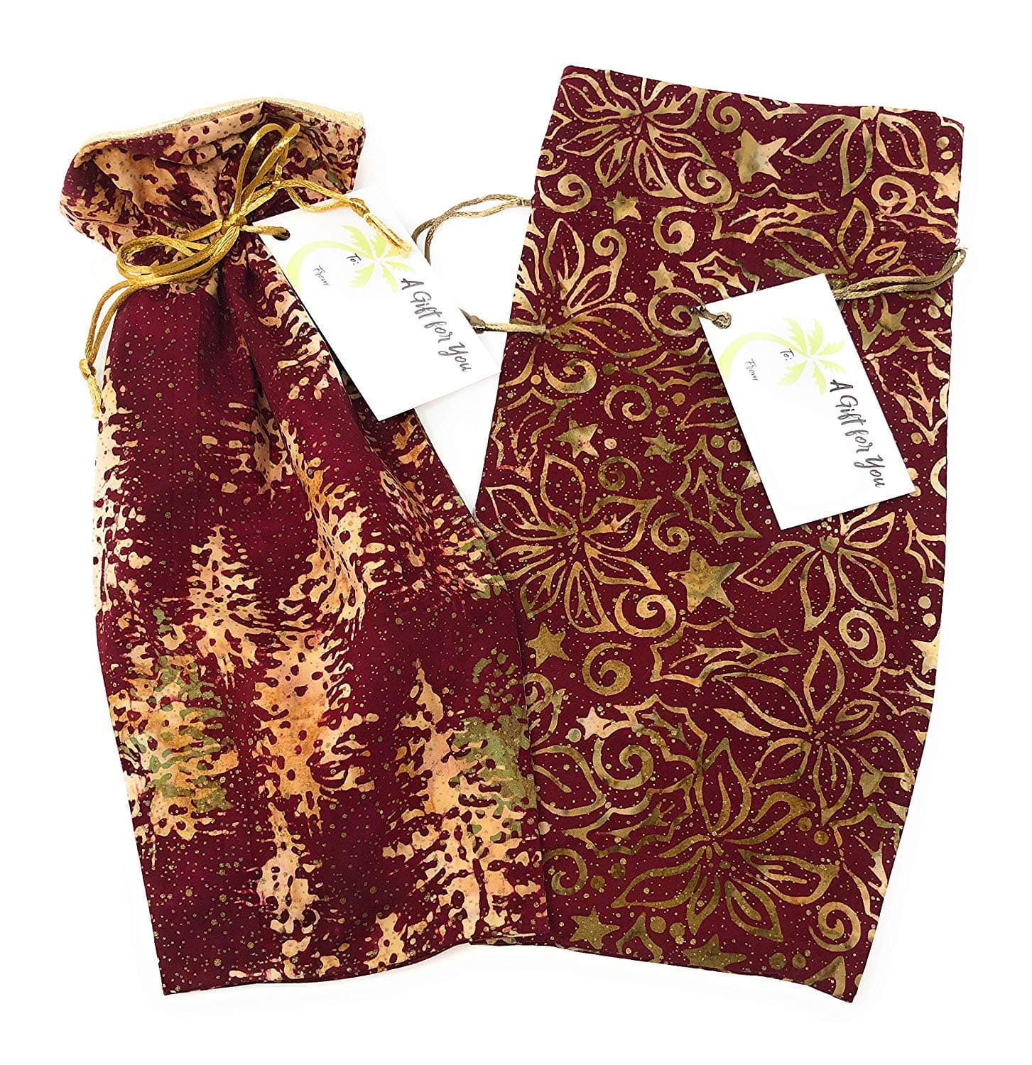 Bali Holiday Fabric- Reusable Drawstring Gift Bag | Eco-friendly Alternative to Paper Giftwrap for Wine Bottle | Birthday Anniversary New Home | Cotton Cloth, Fully-lined Lamé, Med. 13.25”x6" (2-pack)