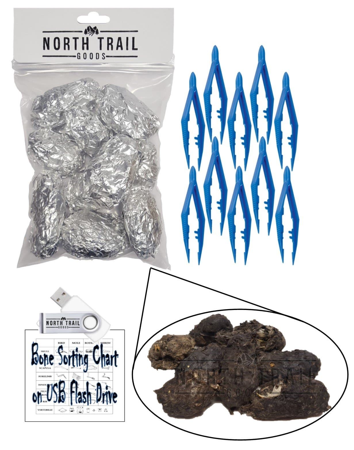 Owl Pellet Dissection Kit by North Trail Goods – 10 Pack of Large Pellets with 10 Sets of Dissecting Tweezers bundled with Bone Sorting Chart preloaded on USB Flash Drive for Classroom-Homeschool