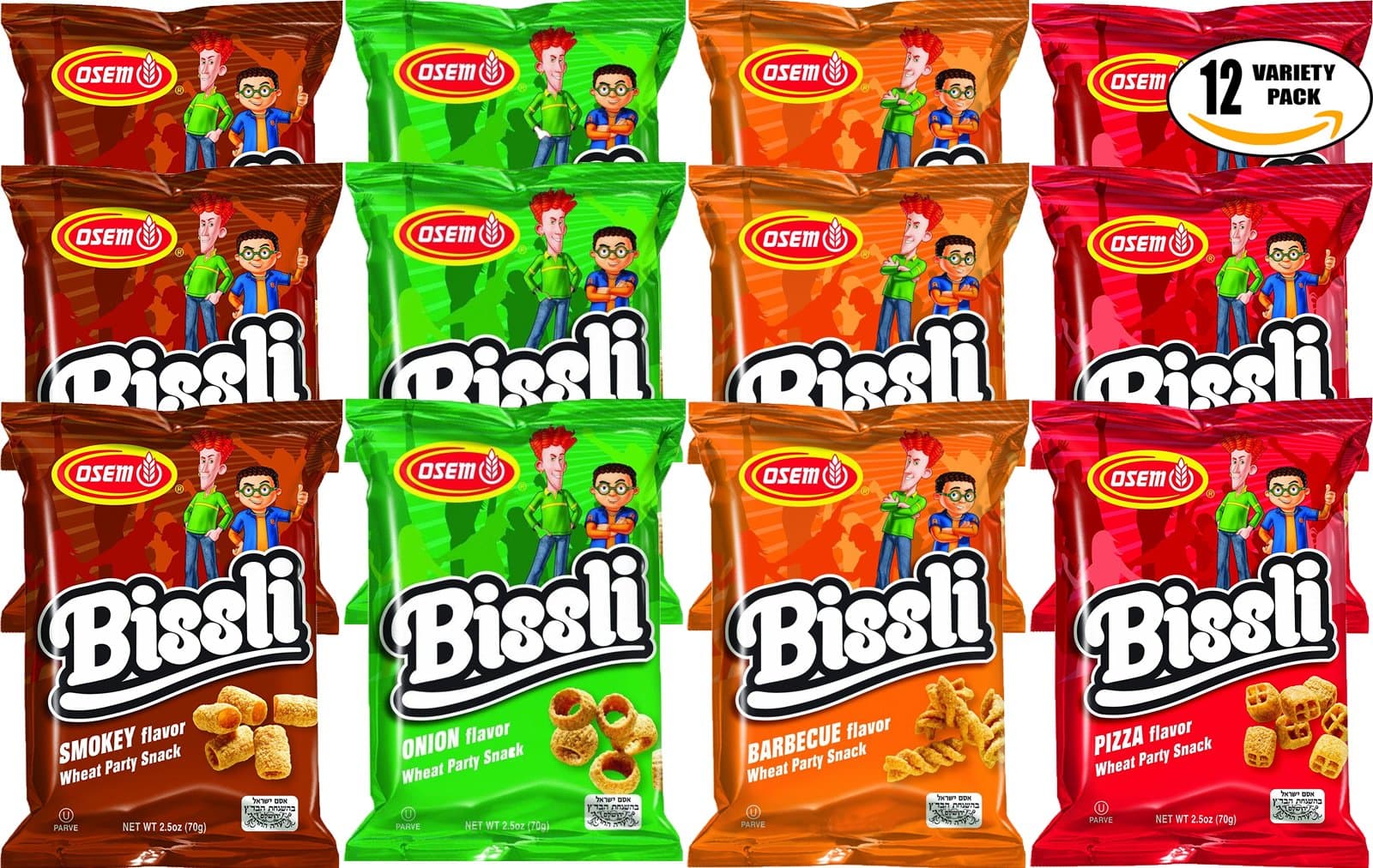 Osem Bissli Variety Pack Special - Kosher For Passover - BBQ, Onion, Smokey, Pizza, 1oz Bag (Pack of 12, Total of 12 Oz