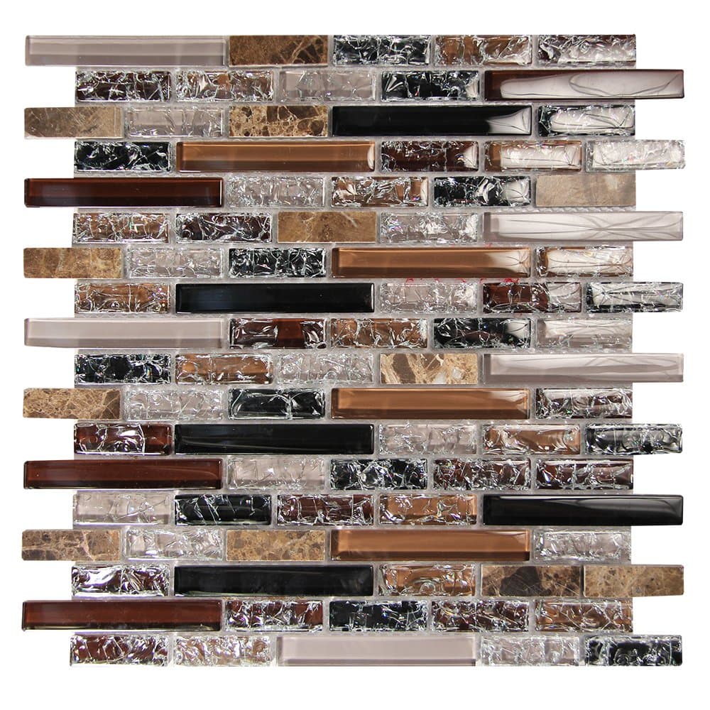 Taupe Brick Pattern Linear Mosaic Glass Tile - Brown, Taupe, Copper Cracked Glass, Brown Marble - Backsplashes, Walls - Eros 2 (5 Sheets)