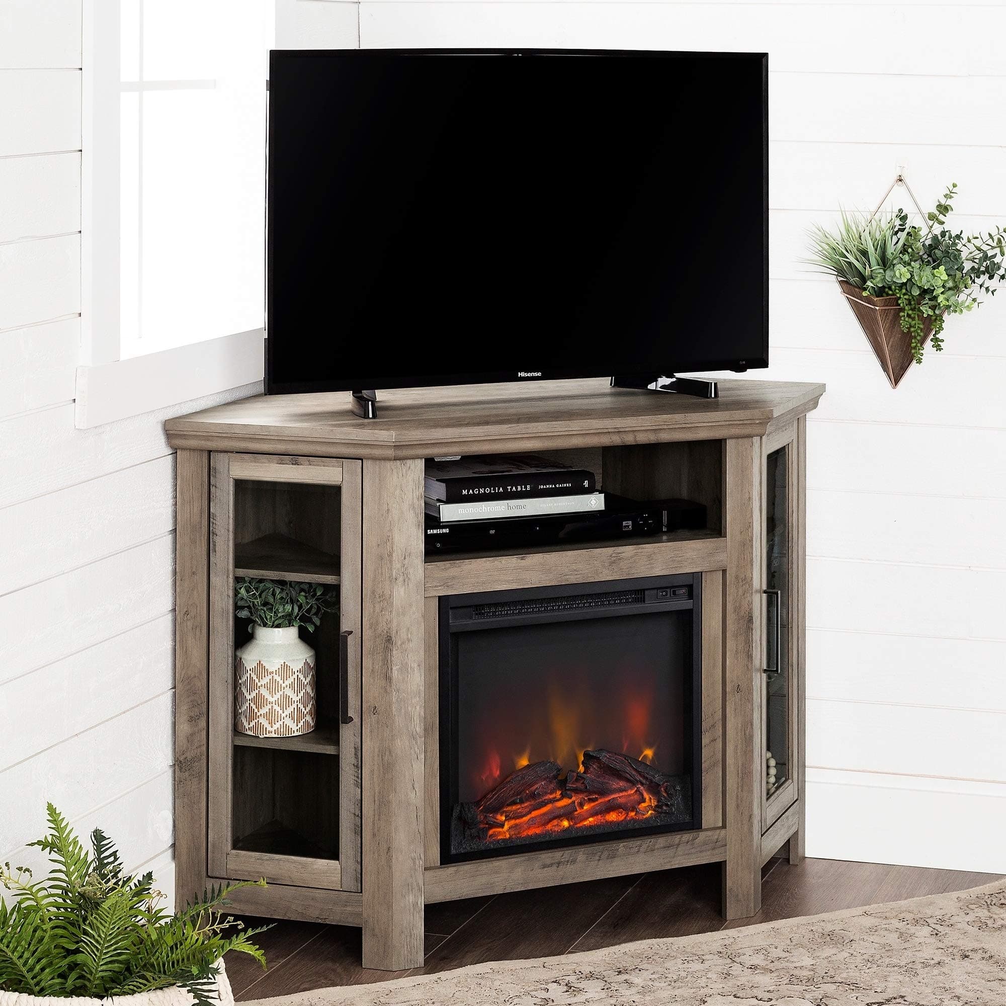 Middlebrook Designs 48-inch Corner Two Door Fireplace TV Stand Console Grey Wash