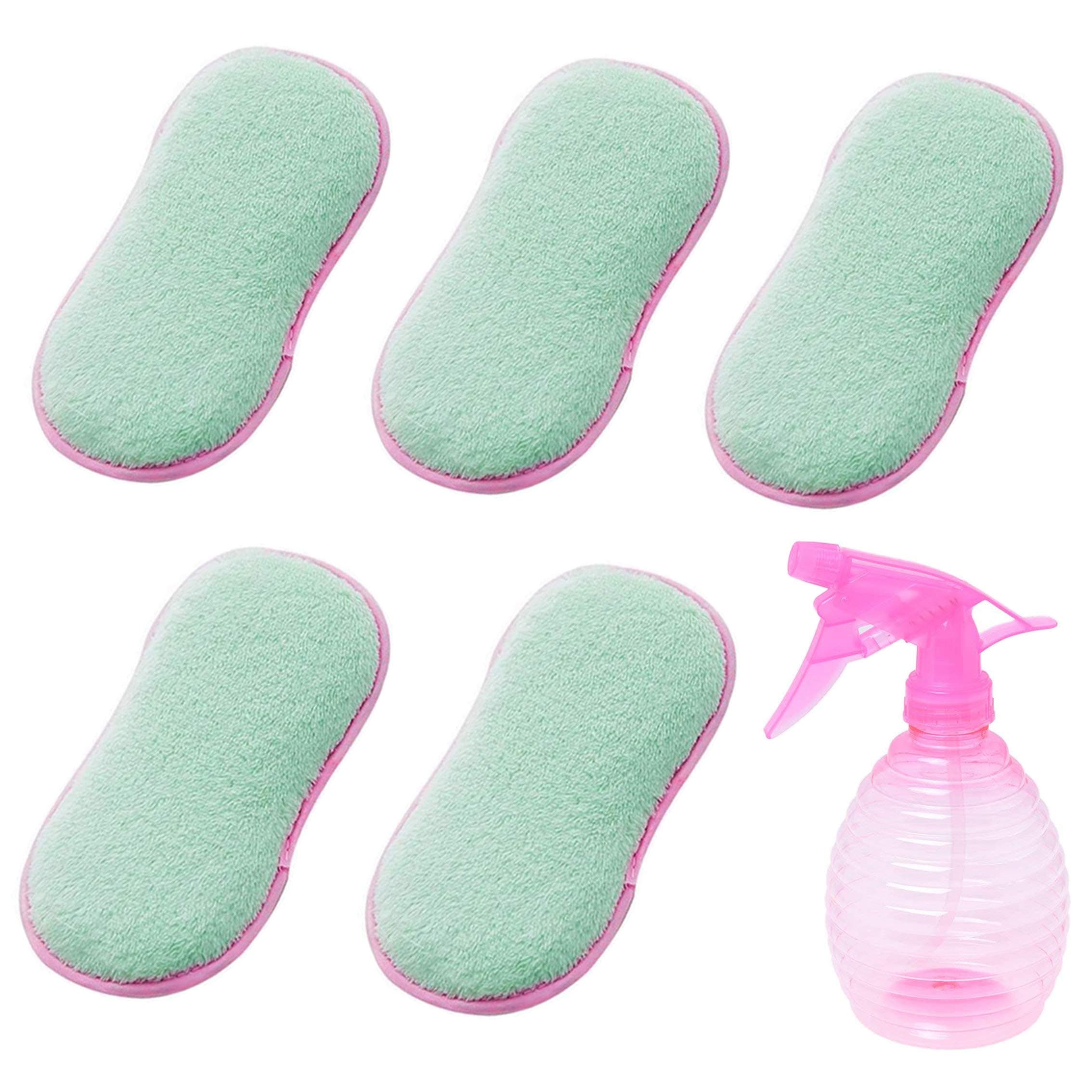 Ansior 7PCS Antibacterial Kitchen Scouring Pads Green Sets Double Sided Scrubbing Scourer Dish Scrubber Brush, Package Include 500ml Pink Spray Bottle - 5 or 7 Day Delivery