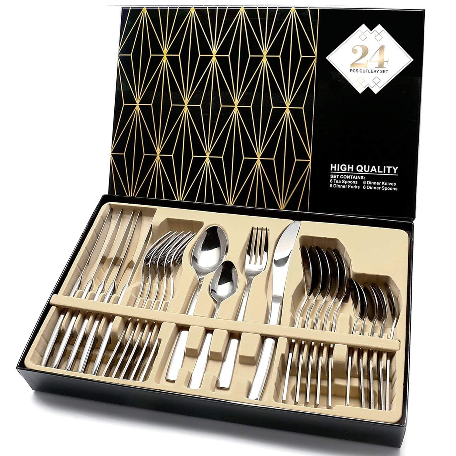 Flatware Set,24PC Stainless Steel Silverware Set,Cutlery Eating Utensil Set,Tableware Sets for Home,Kitchen,Loft,Restaurant,Cafe,Dorm,Camping,Wedding,Birthday,Party with Gift Box Serving for 6