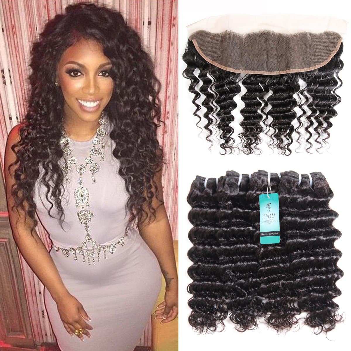 Deep Wave Bundles with Frontal, UDU 10A Human Hair with Frontal Deep Curly Remy Hair Extensions Brazilian Loose Deep Wave Bundles 50g/pc