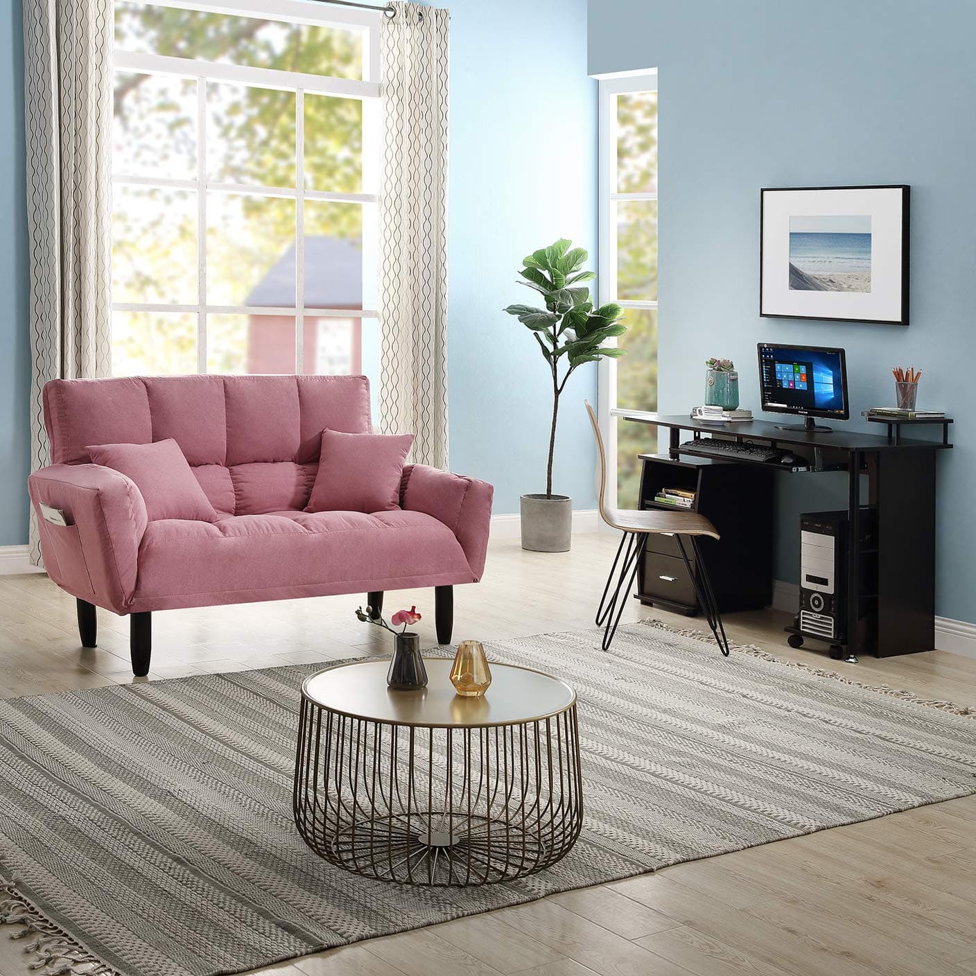 EiioX Modern Sofa with Pillows Convertible Upholstered, Tufted Settee Bedroom Bench, Comfortable Foam Chair Full Size Sleeper Bed for Living Room with Support Legs, Pink