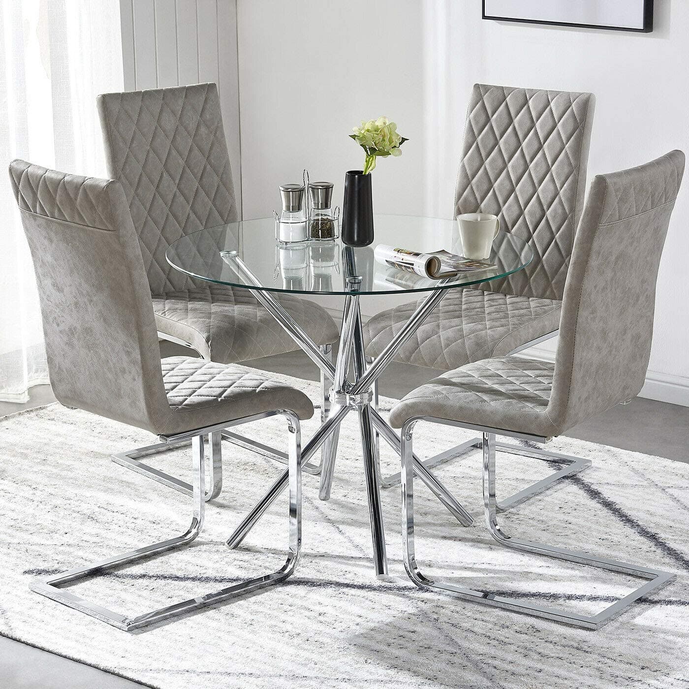 TONVISION Clear NERIO Glass Dining Table and 4 Ash Grey Chairs Distressed Leather Seat Padded and Sturdy Chrome Cross Legs Kitchen Living Room Table Set