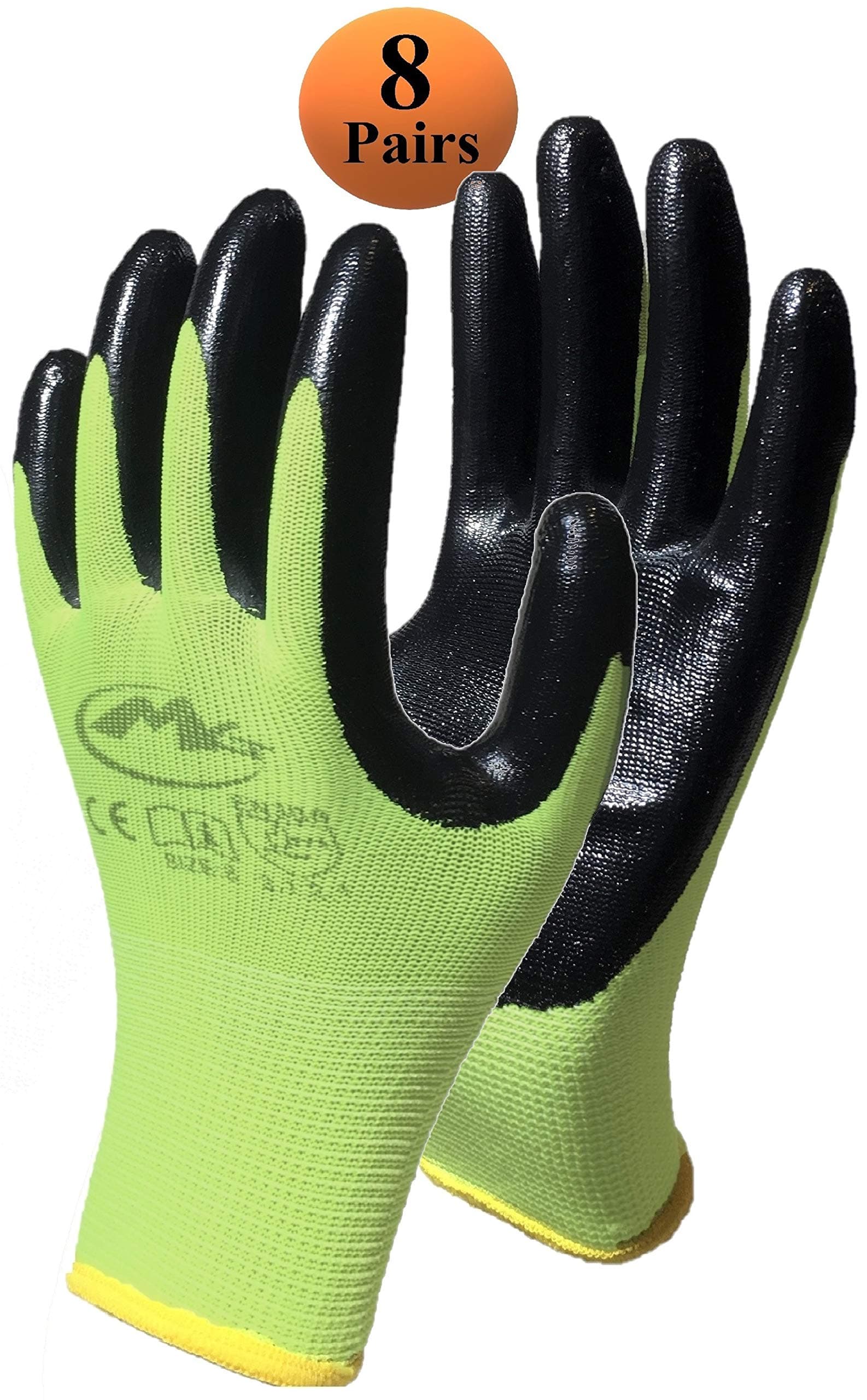 Safety Work Gloves Nitrile Coated - 8-Pair-Pack Mens and Womens Working Gloves with Grip for Precision Work and General Safety Purpose (Green, Size Small)