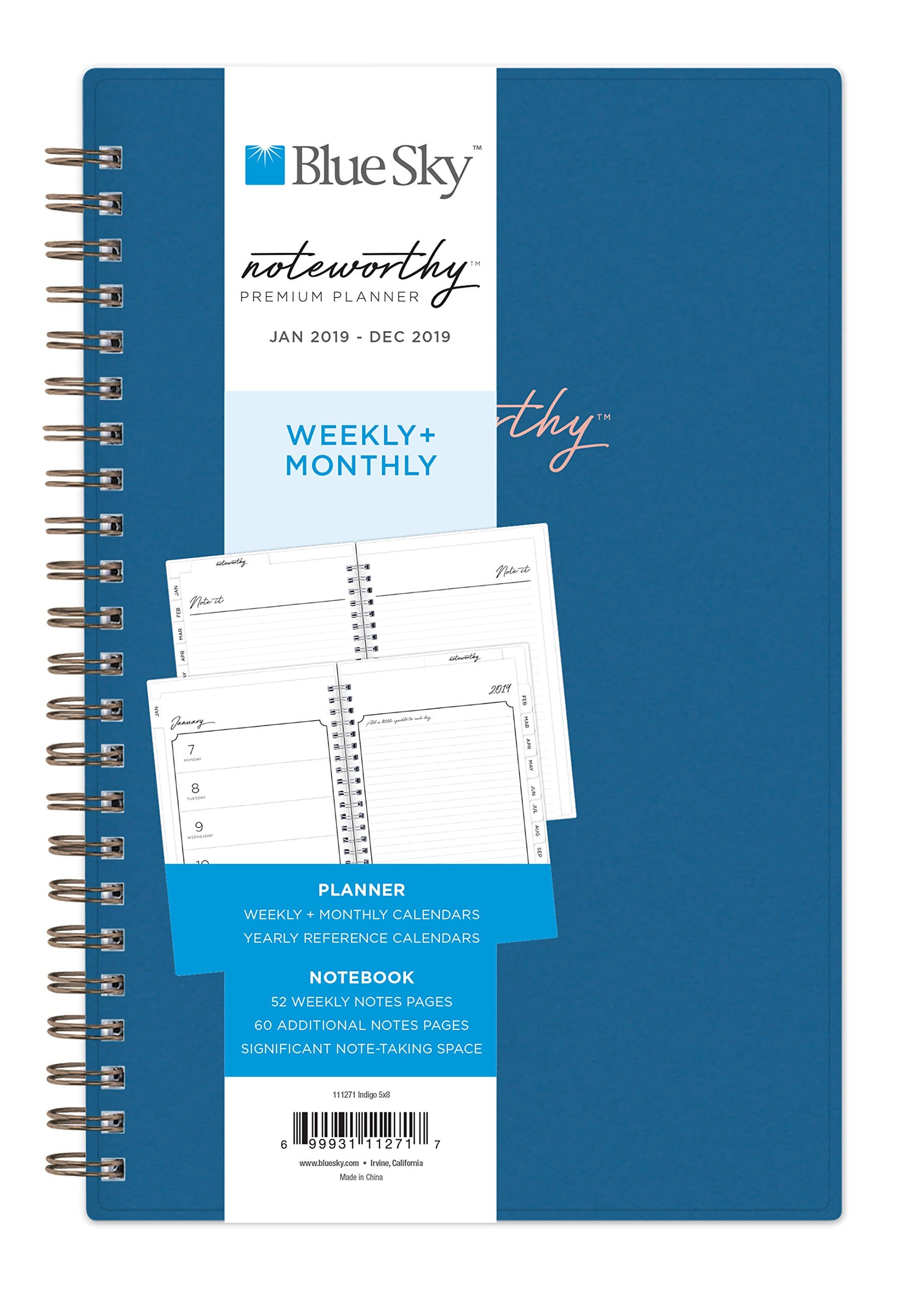 Blue Sky Noteworthy 2019 Weekly & Monthly Planner and Notebook, Flexible Cover, Twin-Wire Binding, 5" x 8", Indigo