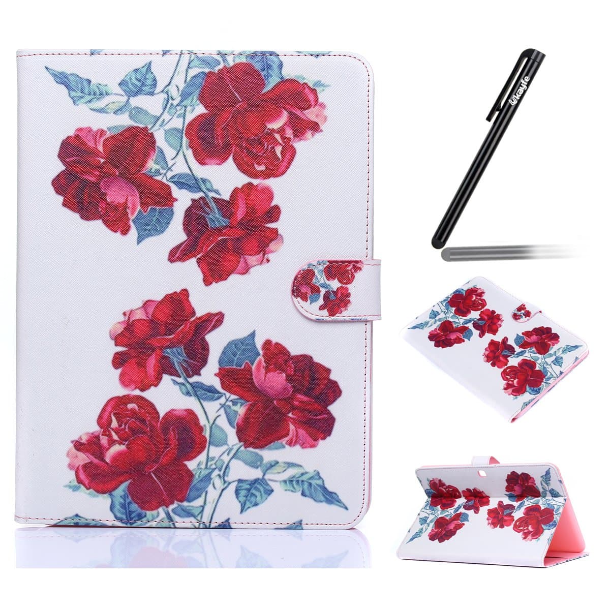 Galaxy Tab 4 10.1 Case,Ukayfe Galaxy Tab 4 10.1 inch SM-T530/T531/T535 Elegant Pink Rose Flower Pattern PU Leather Cover Stand Flip Case Cover with 1 x Black Stylus