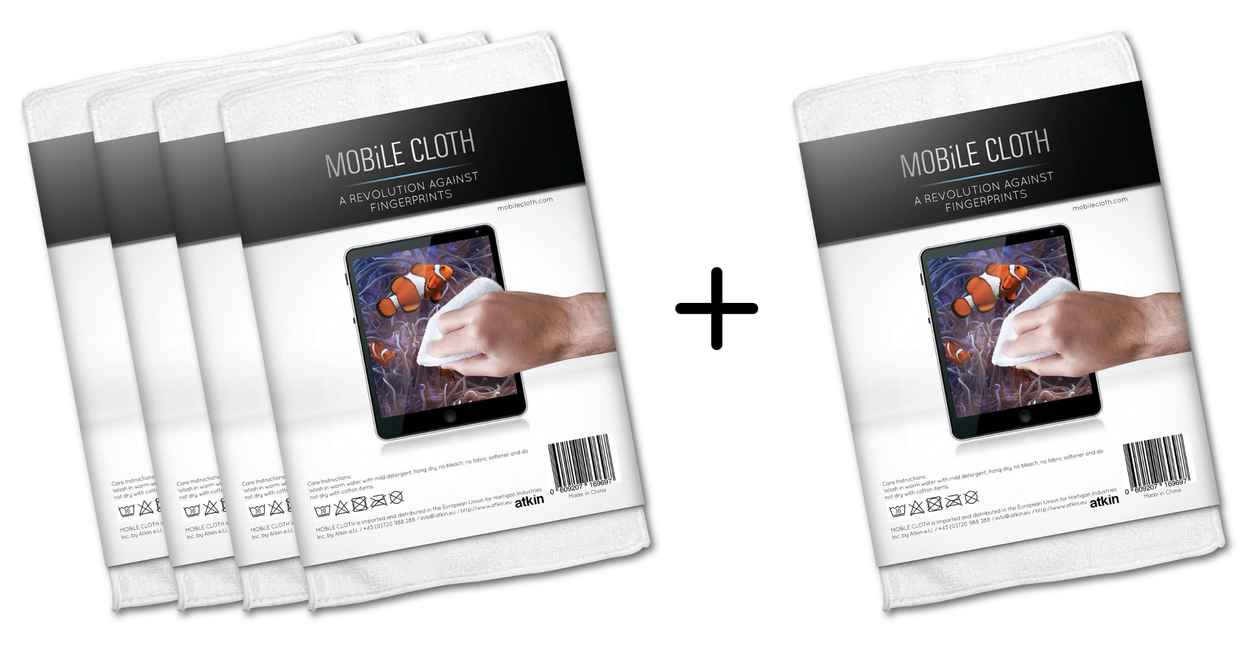 Cleaning cloth MOBiLE CLOTH Nano, 4+1 pieces multipack (white), approx. 10x10 cm, micromaterial cloth for smartphones, tablets, (sun)glasses, lenses, e-book readers and computer monitors