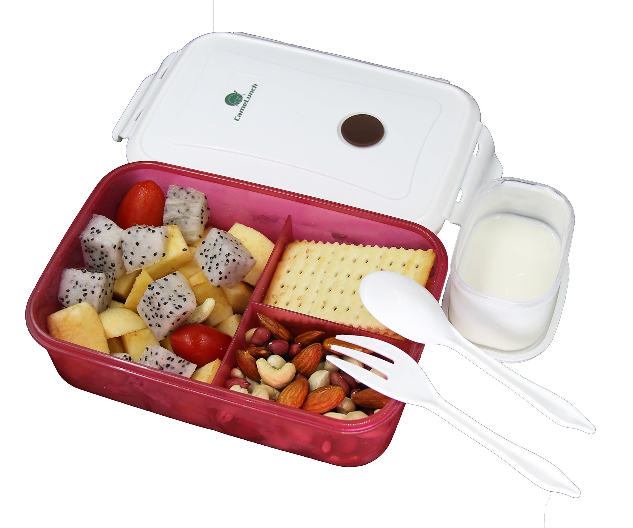 CameLunch Bento Lunch Box - 3-Compartment 1-Bowl with Spoon & Fork - 1000ml 34 oz Fits for Adults & Kids - Leakproof Plastic Food Storage Containers (Red)