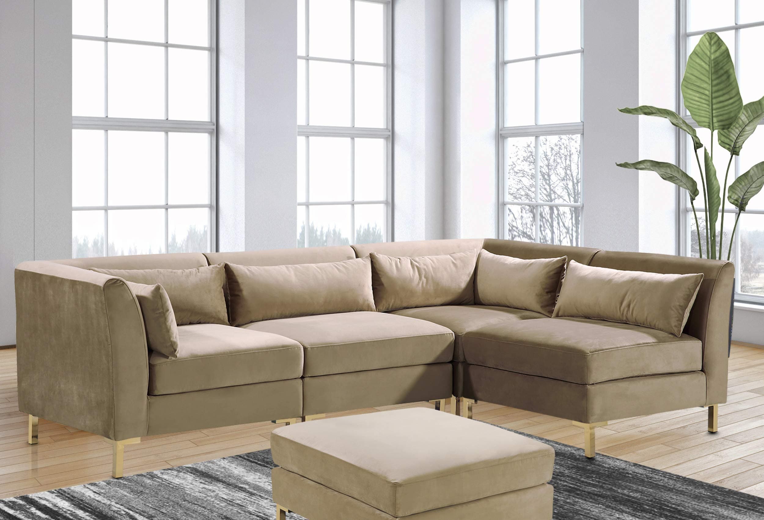 Girardi Modular Chaise Sectional Sofa Velvet Upholstered Solid Gold Tone Metal Y-Leg with 6 Throw Pillows Modern Contemporary, Taupe