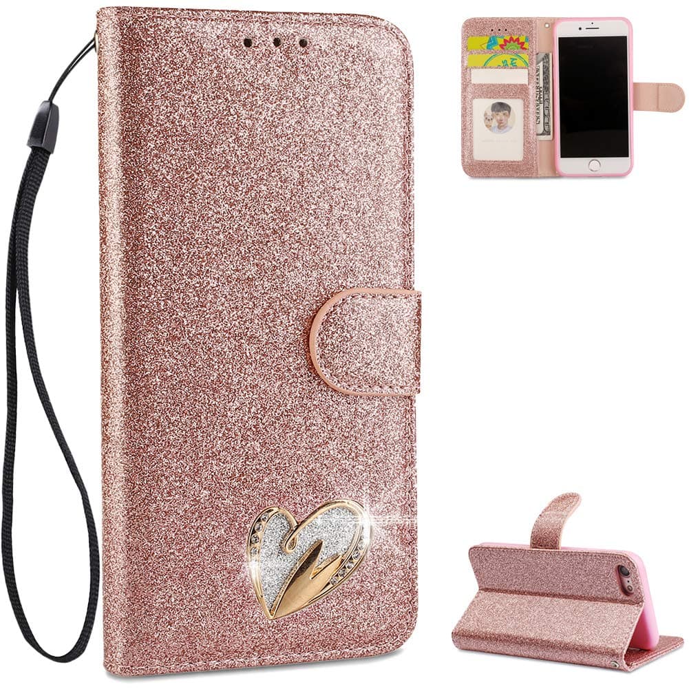 iPhone 7 Phone Case Shockproof, FBNK iPhone 8 Case Rose Gold Leather Wallet Love Pattern Flip Folio Glitter Sparkle Bling Designer Shockproof Card Holder Stand Function Outdoor Protection Case Women