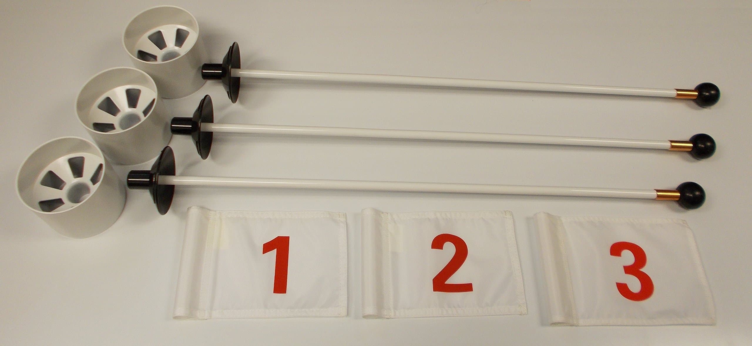 ShopTJB Golf Practice Putting Green - Deluxe Accessory Kit - (3) White Aluminum 4" Deep Cups + 3 White Jr Flags w Red #1, w Red #2, w Red #3 + (3) 30" White Fiberglass Pin Markers wBall Lifter Disk