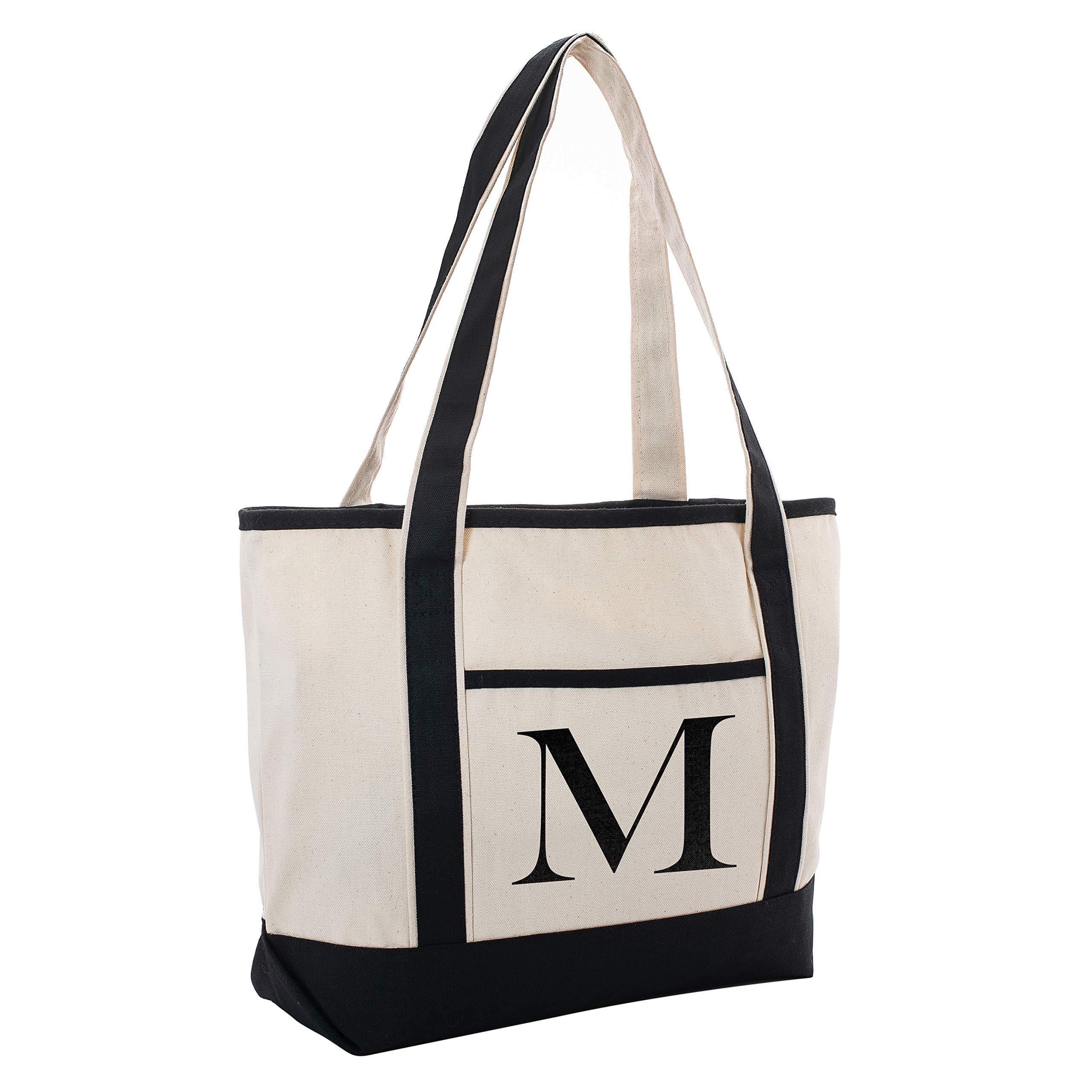 Black Linen Canvas Tote Bag With Initial For Beach Workout Yoga Vacation