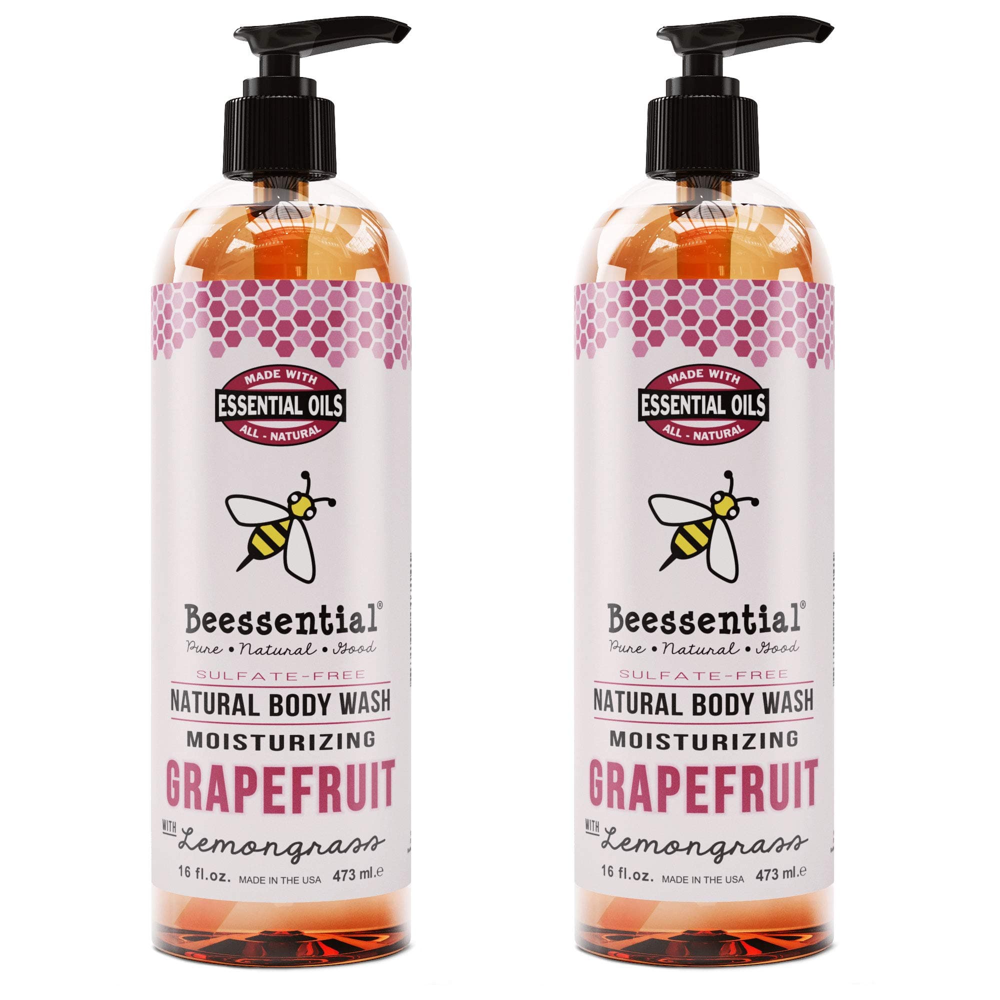 Beessential Natural Body Wash, Grapefruit, 2 Pack 16 oz | Sulfate-Free Bath and Shower Gel with Essential Oils for Men & Women