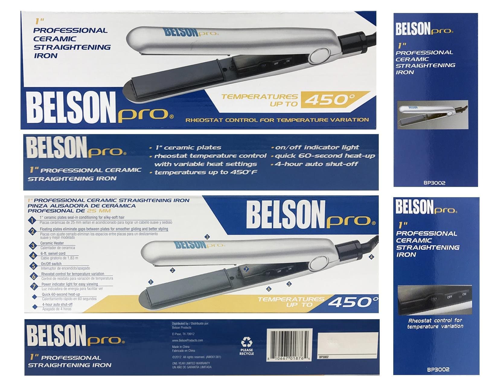 Belson Pro 450F 1" Professional Ceramic Straightening Iron Flat Iron BP3002