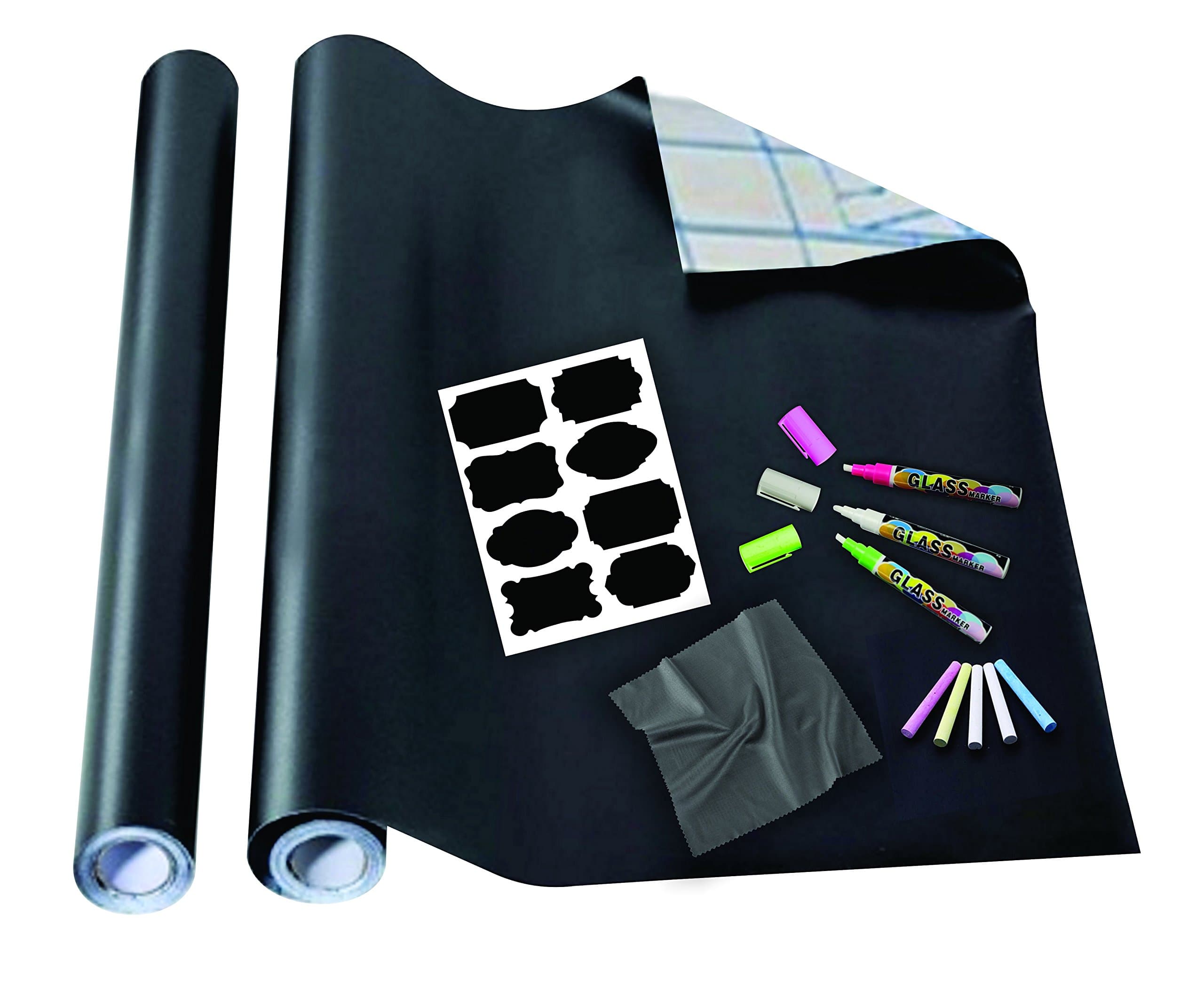 Vinyl Blackboard Write & Erase Activity Kit - Premium Blackboard Wall Decals - 2 ROLLS! Including FREE Limited Time Bonus: 3 Liquid Chalk Markers, 5 Coloured Chalk, 8 Peel & Stick Labels, Wipe Cloth.