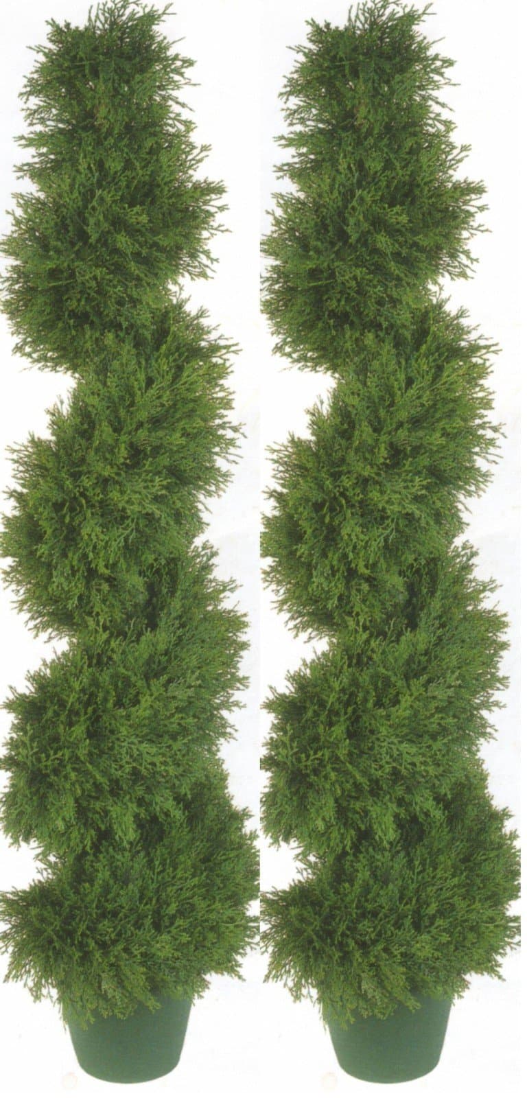 Two 4 Foot 3 Inch Artificial Cypress Spiral Topiary Trees Potted Indoor or Outdoor Cedar UV Rated Evergreen
