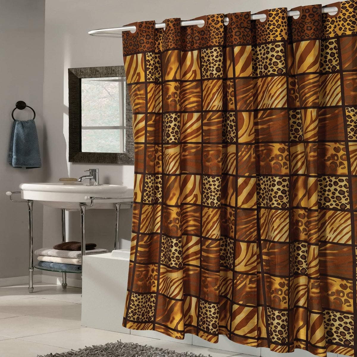 bed bath n more EZ On Wild Animal Print Fabric with Built in Hooks Shower Curtain
