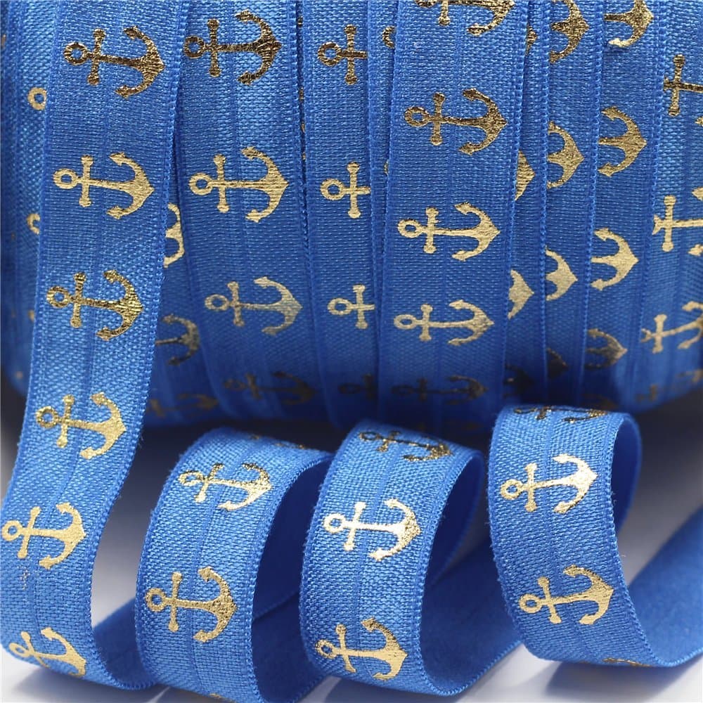 mdribbon Value Pack 5/8" 10 Yds/Pack (16mm Wide 9.144 Meters Length) Navy Style Gold Anchor Stretch Fold Over Elastic Ribbon-For Hair Tie Hair Band Headband Accessories-Batik Blue Color