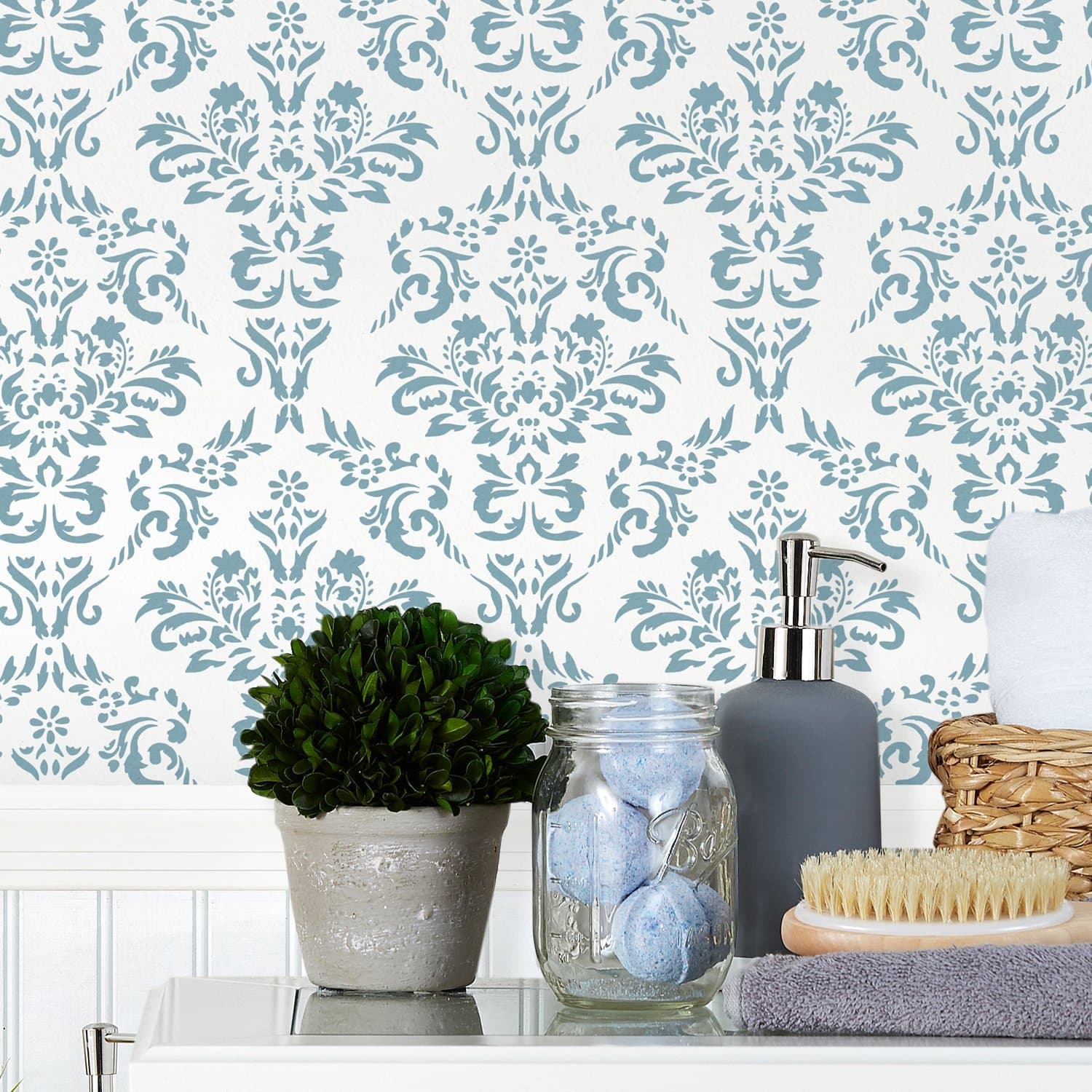 Large Floral Damask Wall Stencil (Size 16" x 24") Ideal for Bathroom, Bedroom, Wood Furniture, Area Rug & Fabric Curtains (Repeatable Stencil)