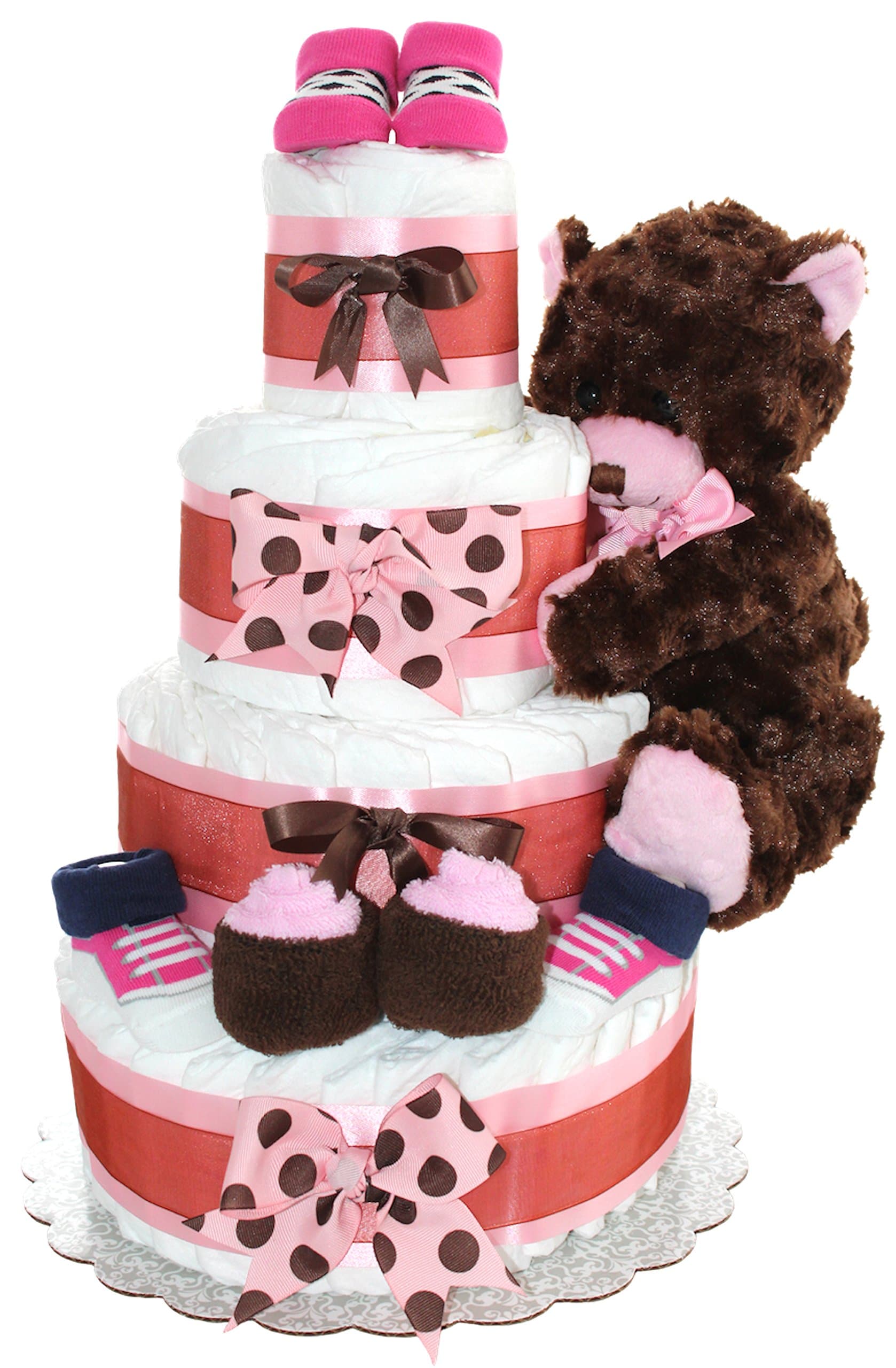 QBabyShowering Brown Teddy Bear Diaper Cake, Pink