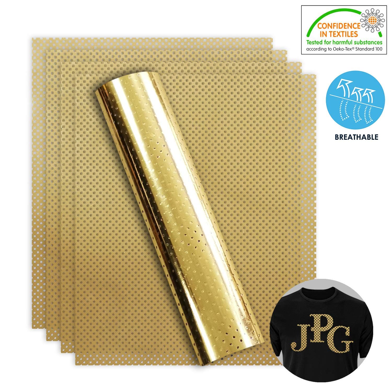 Stretchable Metallic Heat Transfer Vinyl Gold Polka Pattern Dots Foil, Breathable Iron On HTV Bundle for DIY Your Own Clothes, 12x10 Inch, Pack of 5 Sheets, Eco-Friendly