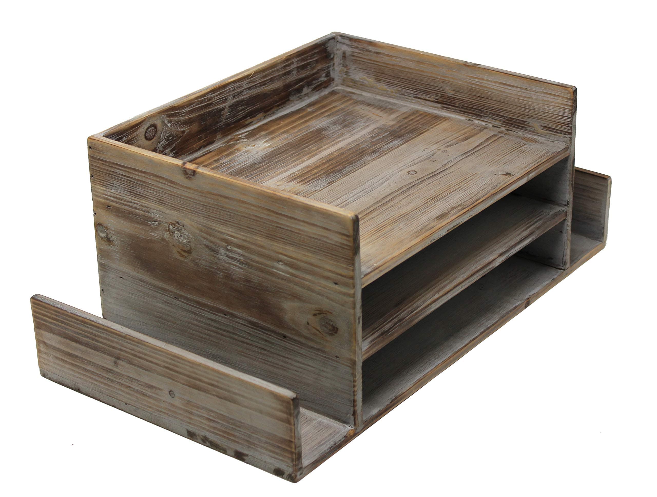 Executive Office Solutions Vintage Rustic Wooden Office Desktop Mail Organizer Rack For Paper, Documents, Notebooks - Distressed Torched Wood - Store Supplies, Desk Accessories, Mail – Barnwood (WO14)