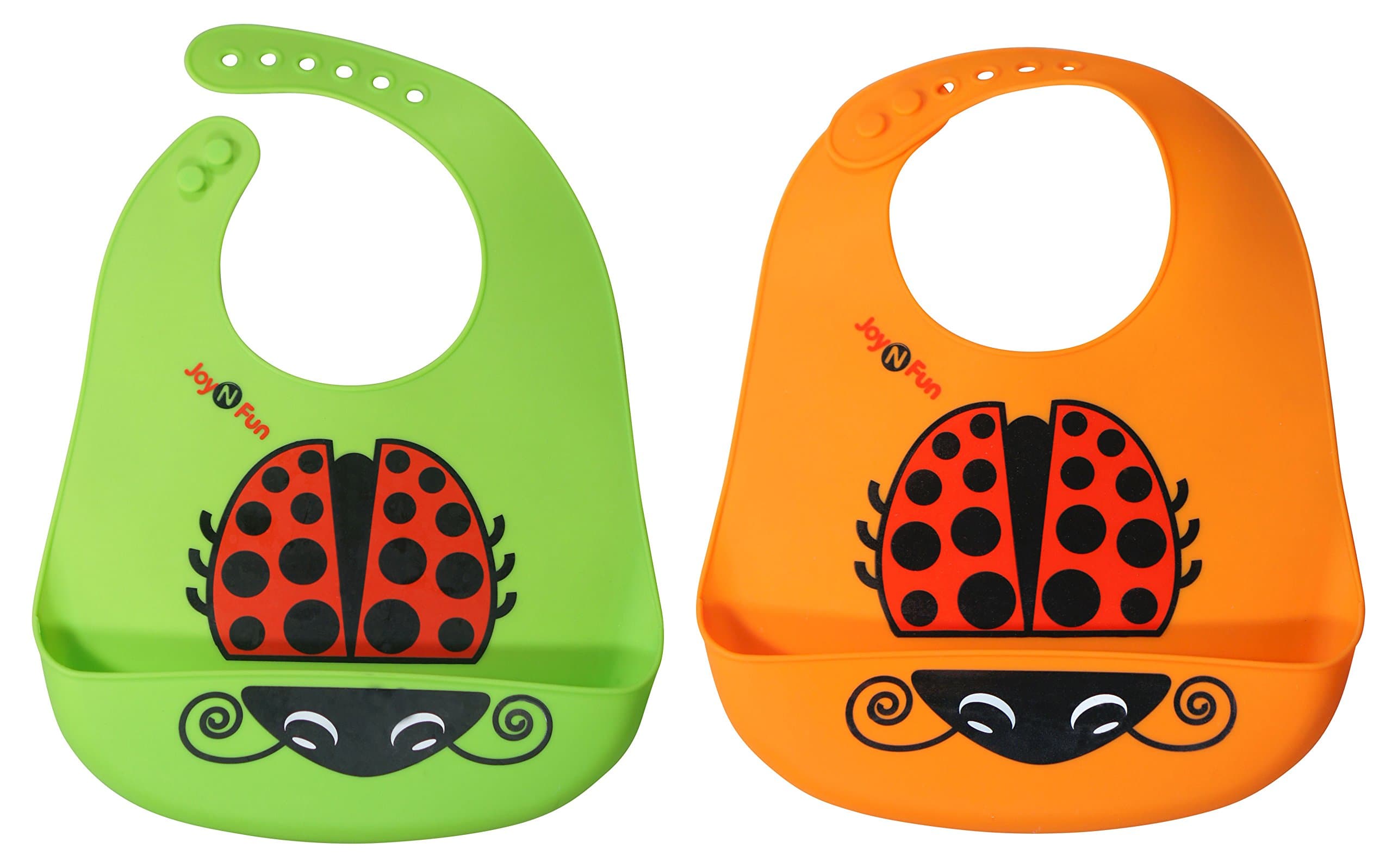 Two Pack Silicone Child Bib with LadyBug Green/Orange - JoyNFun