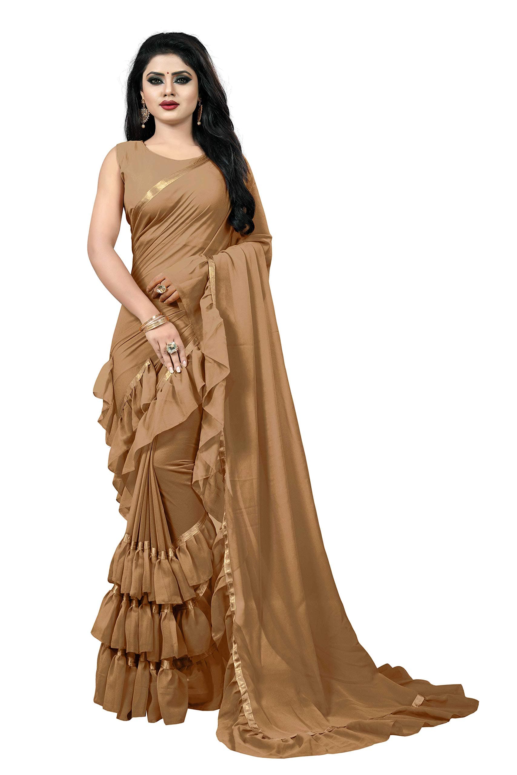 Women's Frill Ruffle Georgette Plain Saree With Blouse