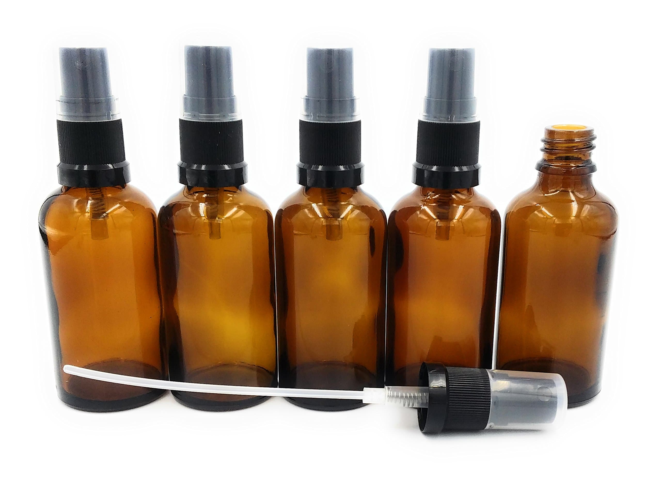 Amber Glass 5 x 50 ml bottle with Spray Pump/Atomiser DIN 18 Black / Transparent with Protective CAP ***Cosmetic Quality Manufactured in accordance with the European Pharmacopoeia ***