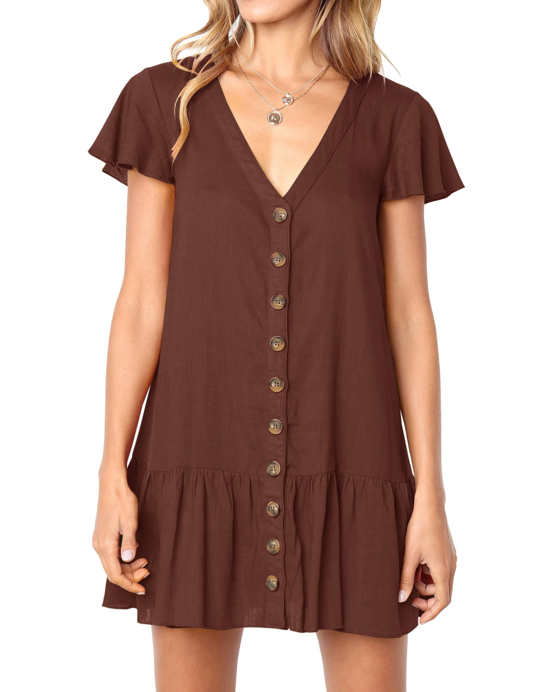 Imysty Womens Polka Dot V Neck Button Down Ruffles Loose Mini Short T-Shirt Dress