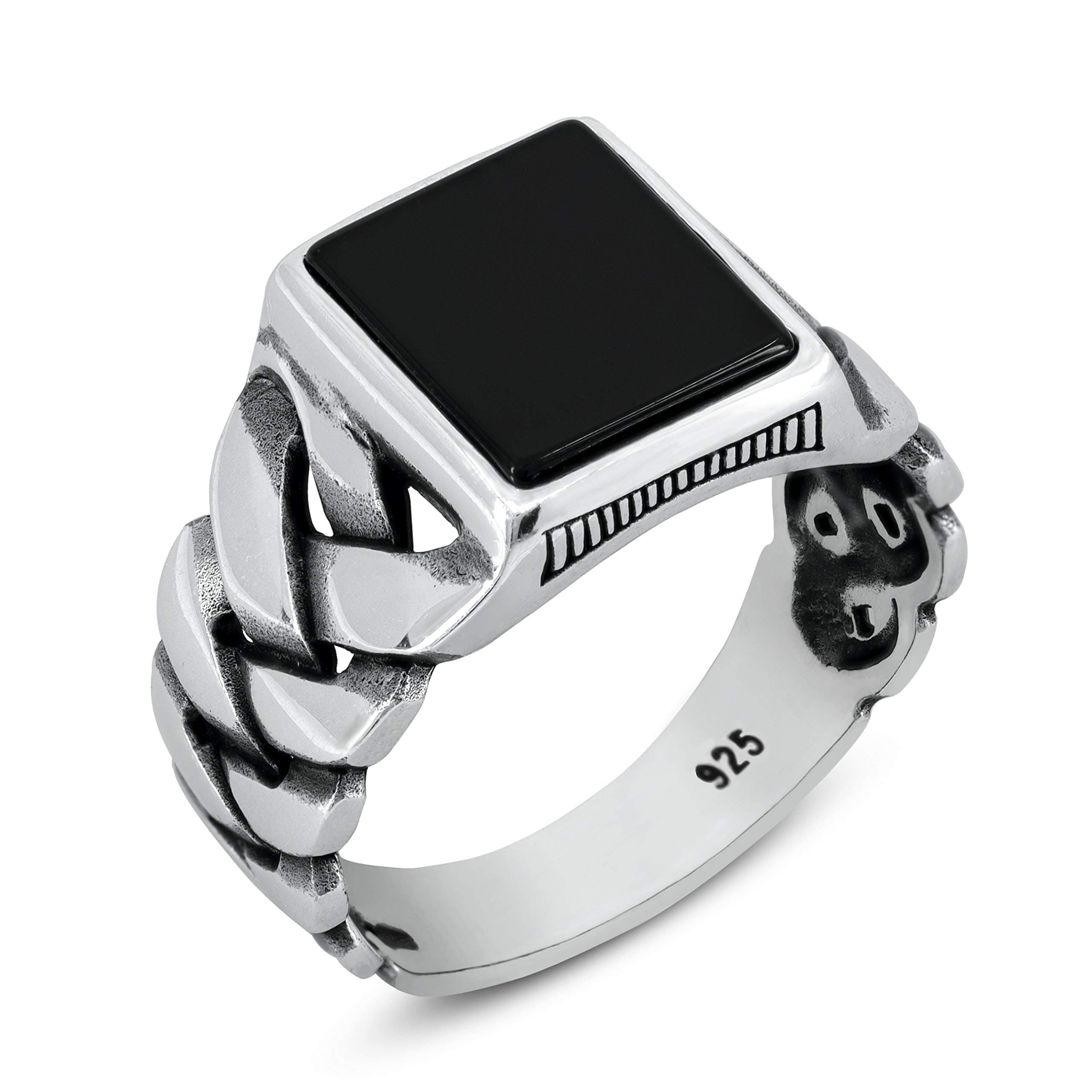 chimoda Mens Silver Ring with Black Onyx Stone in 925 Sterling Turkish Handmade Jewelry Men’s Rings, Cuban Curb Link Chain Design
