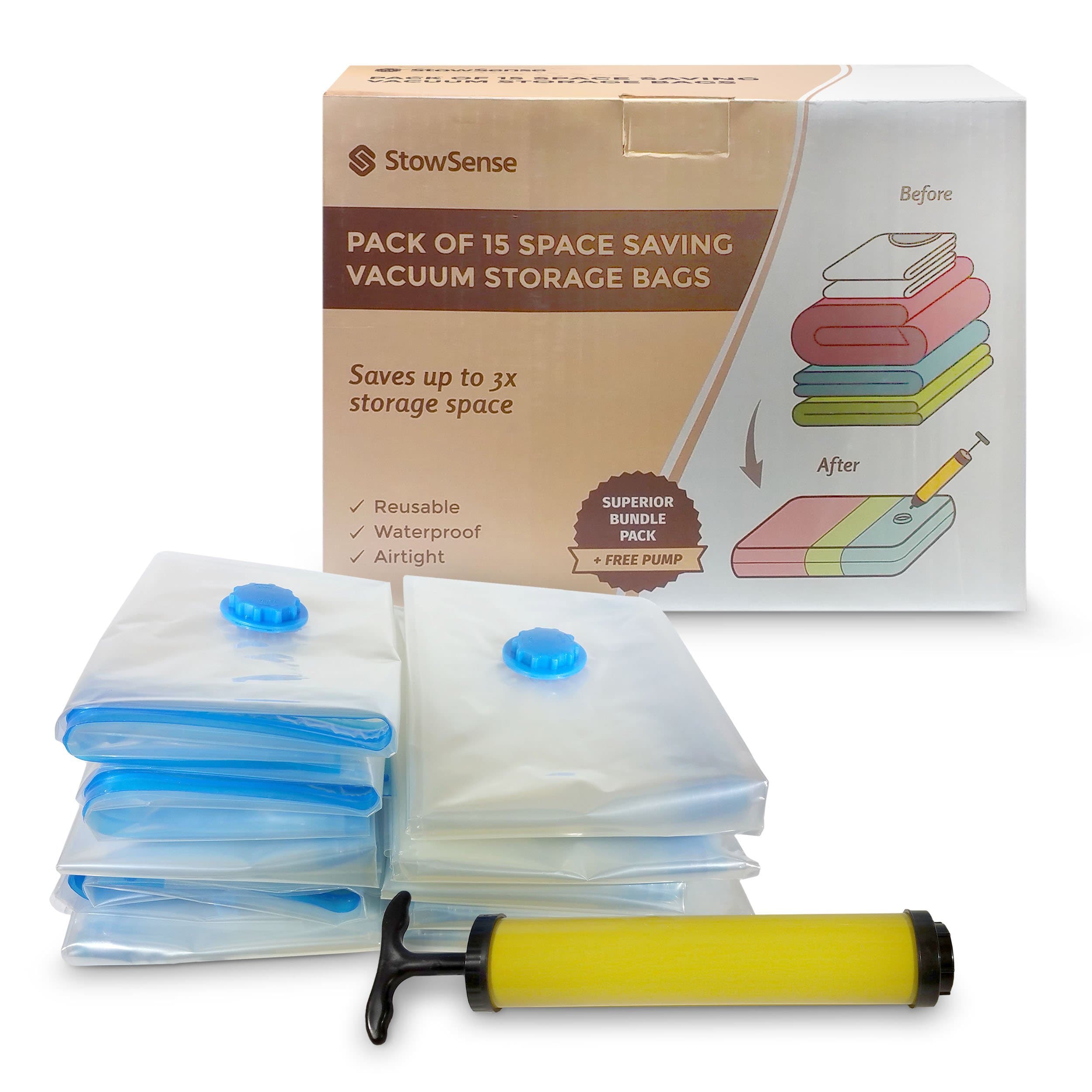 Vacuum Storage Bags - 15 Pack Bundle - Space saver - FREE Hand pump for travel - Triple Seal For More 3 times more compression